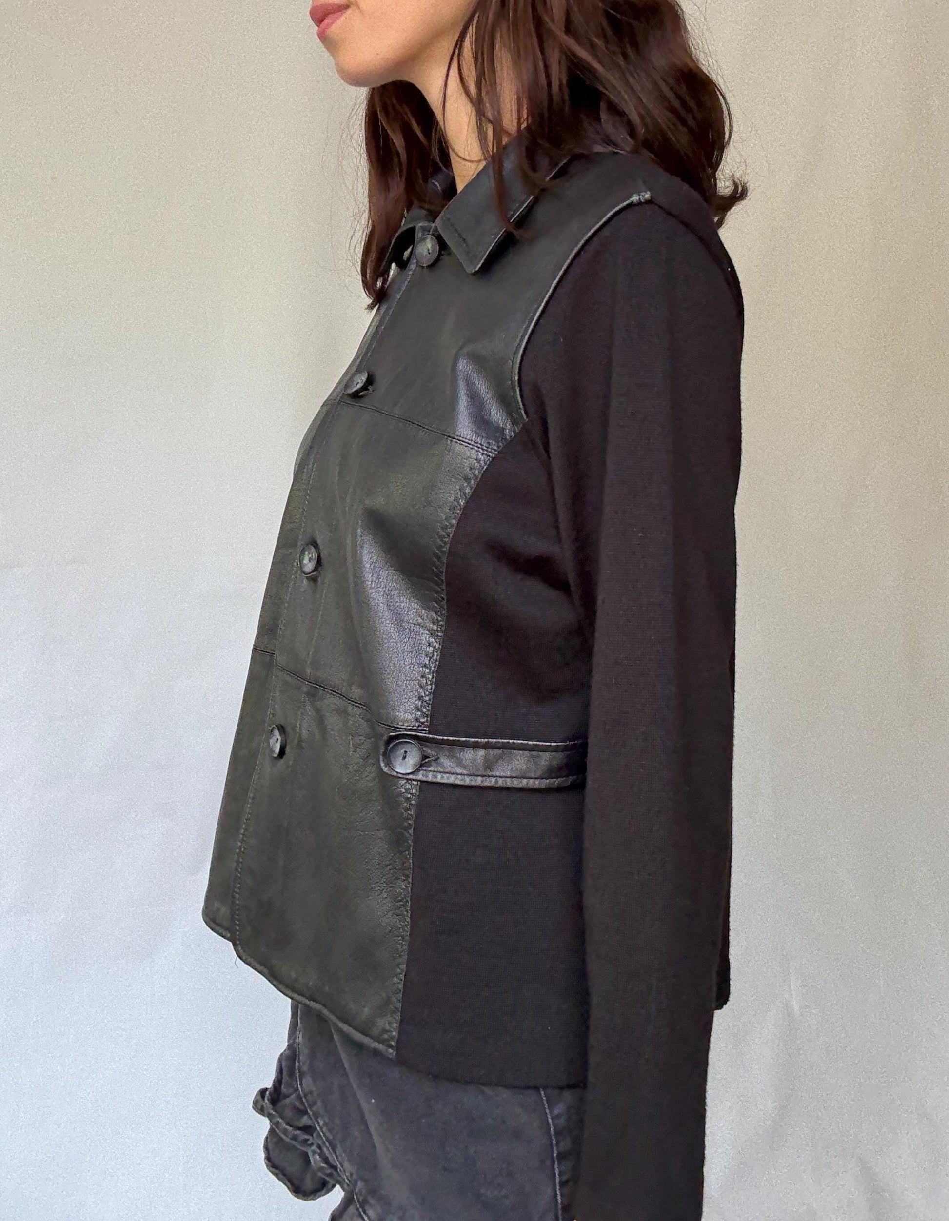 Luxury black leather and wool blend jacket, vintage minimalist style, high quality secondhand outerwear