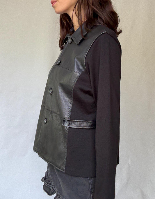 Luxury black leather and wool blend jacket, vintage minimalist style, high quality secondhand outerwear