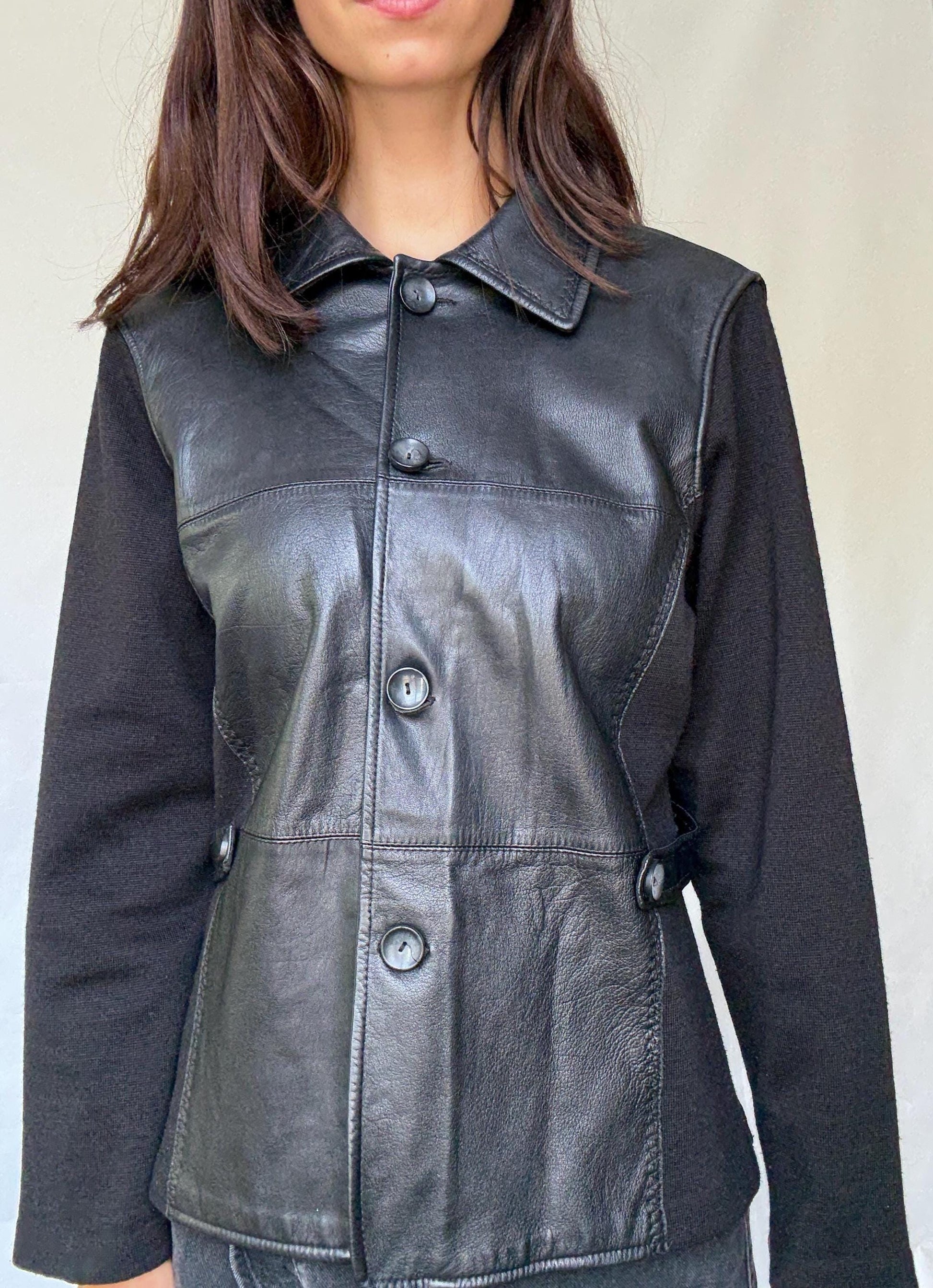 Luxury black leather and wool blend jacket, vintage minimalist style, high quality secondhand outerwear