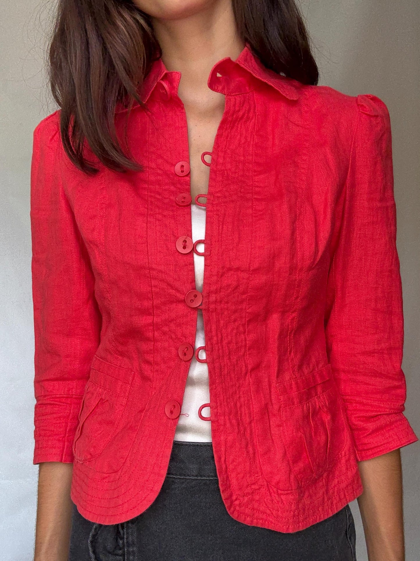 Vibrant red cropped women’s cotton jacket XS-S | Parisian chic streetwear, long sleeve, sequin detail, French fashion aesthetic
