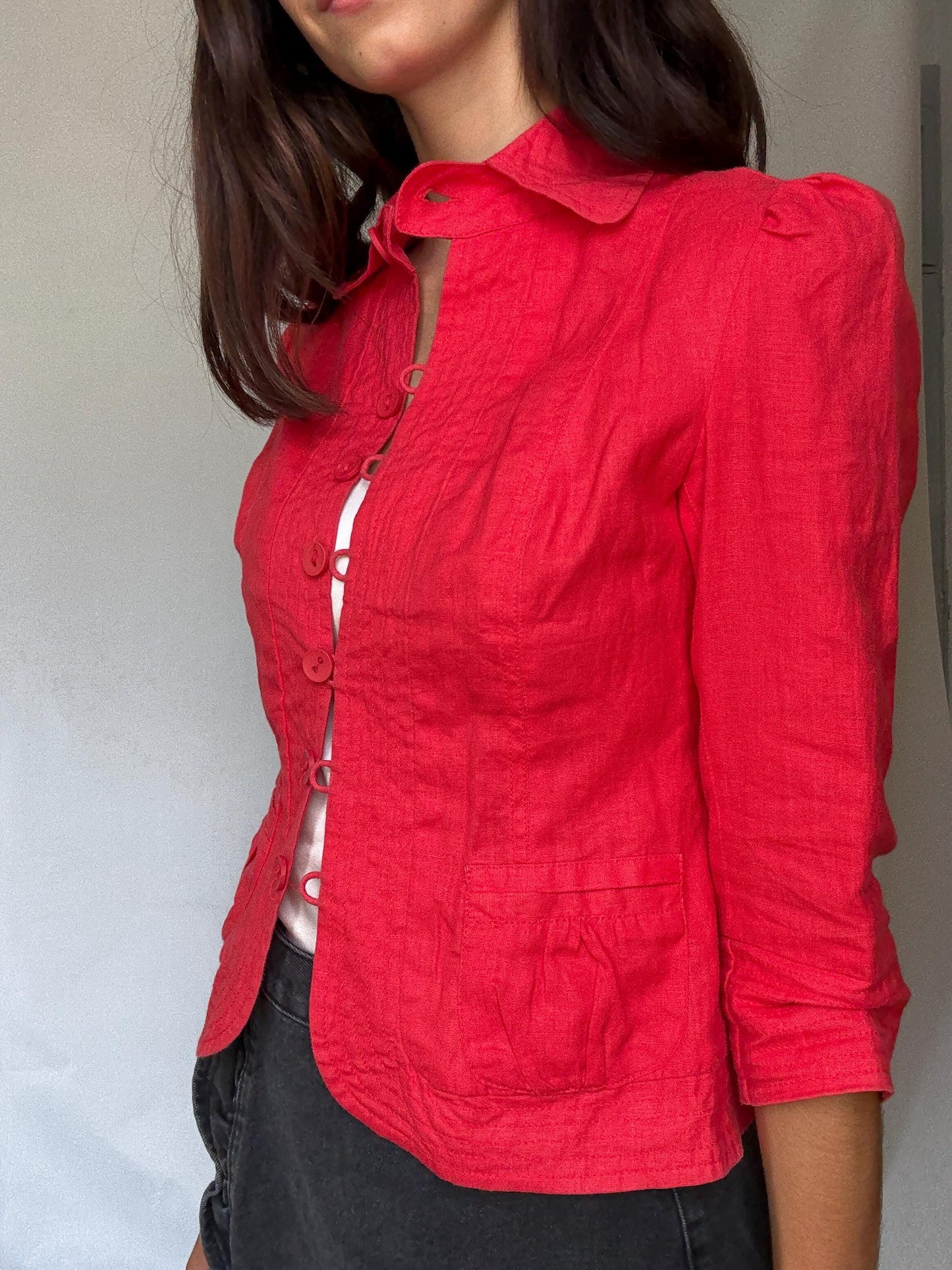 Vibrant red cropped women’s cotton jacket XS-S | Parisian chic streetwear, long sleeve, sequin detail, French fashion aesthetic