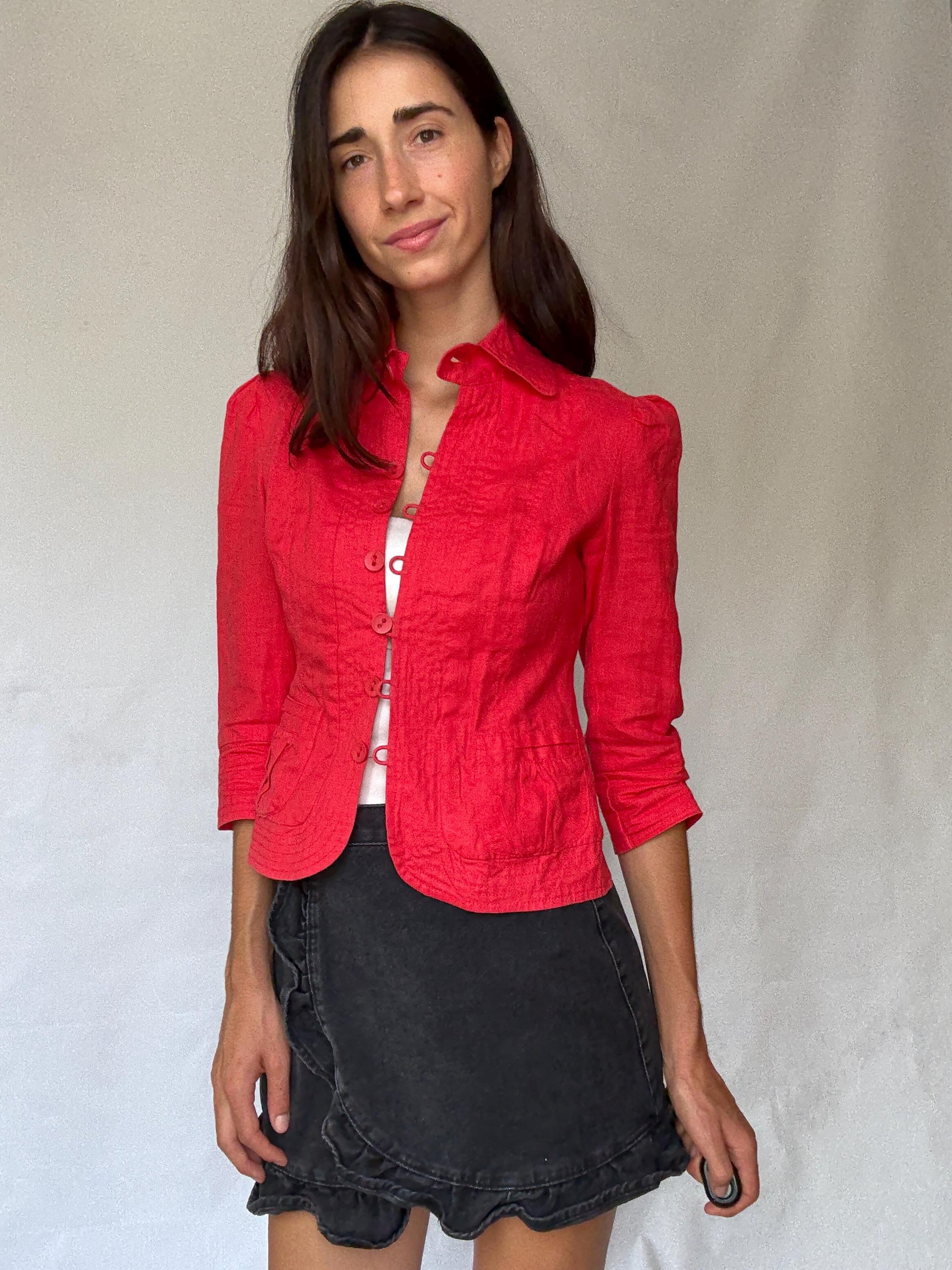 Vibrant red cropped women’s cotton jacket XS-S | Parisian chic streetwear, long sleeve, sequin detail, French fashion aesthetic