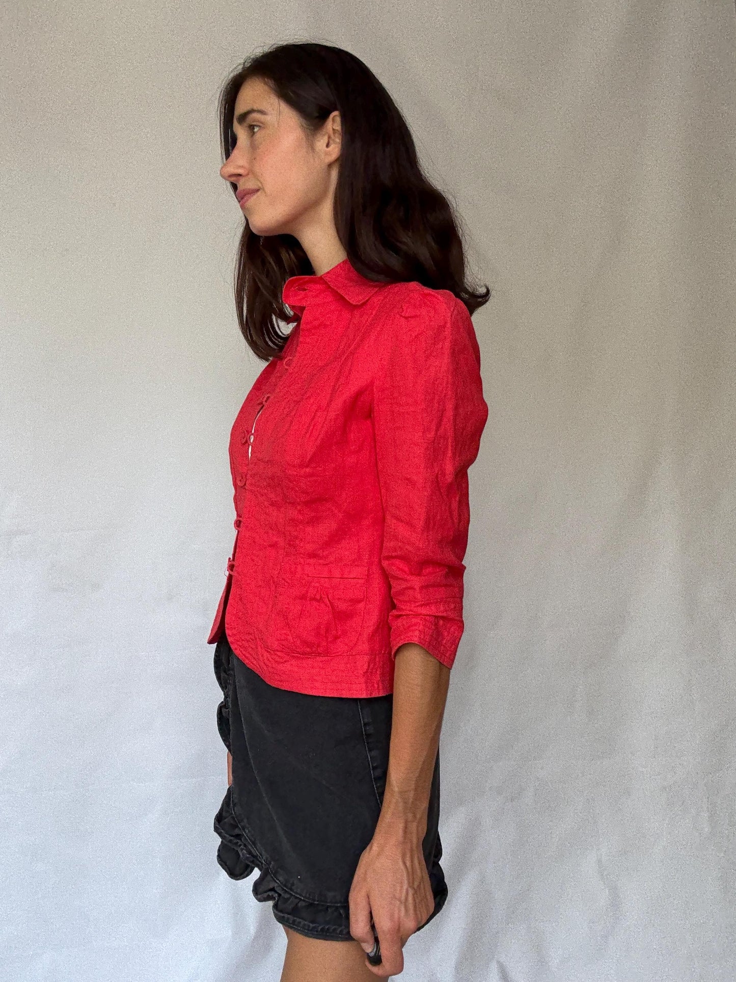 Vibrant red cropped women’s cotton jacket XS-S | Parisian chic streetwear, long sleeve, sequin detail, French fashion aesthetic