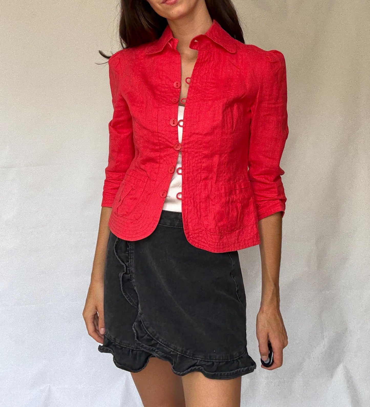 Vibrant red cropped women’s cotton jacket XS-S | Parisian chic streetwear, long sleeve, sequin detail, French fashion aesthetic