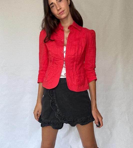 Vibrant red cropped women’s cotton jacket XS-S | Parisian chic streetwear, long sleeve, sequin detail, French fashion aesthetic