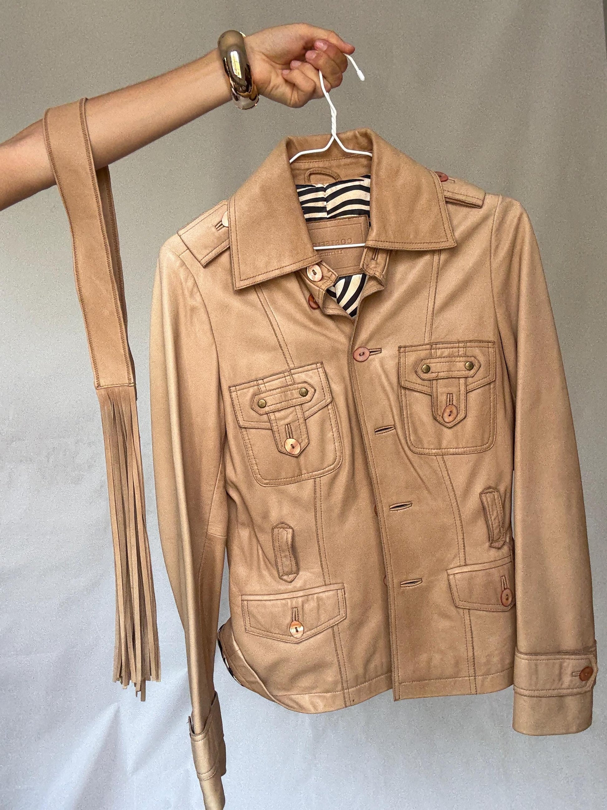 Cortefiel leather jacket S, genuine leather safari jacket, zebra lining fitted blazer, belted fringe tan jacket, western style coat