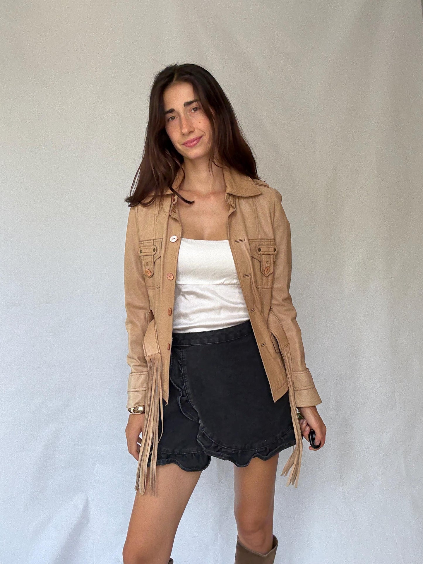 Cortefiel leather jacket S, genuine leather safari jacket, zebra lining fitted blazer, belted fringe tan jacket, western style coat