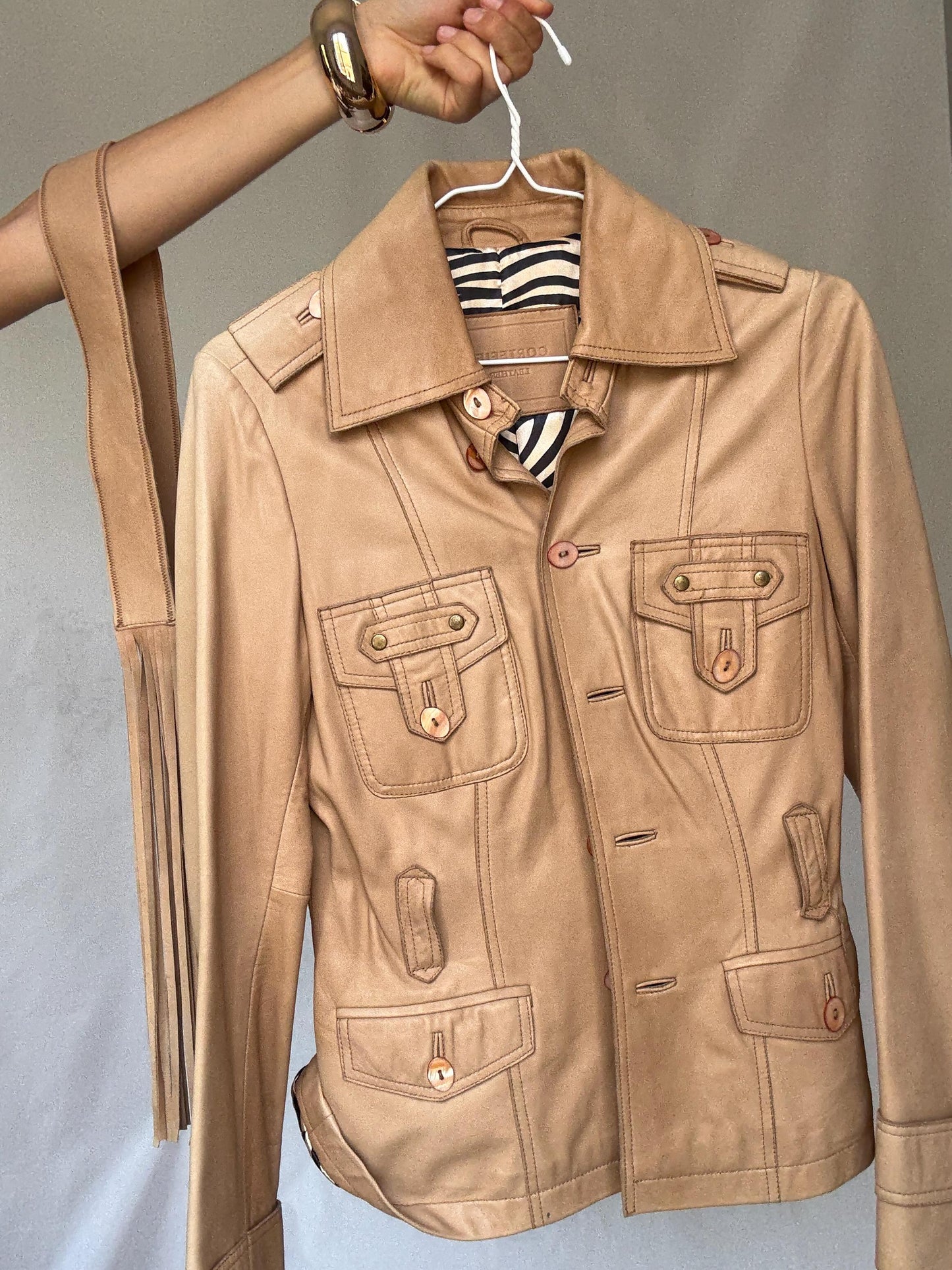 Cortefiel leather jacket S, genuine leather safari jacket, zebra lining fitted blazer, belted fringe tan jacket, western style coat