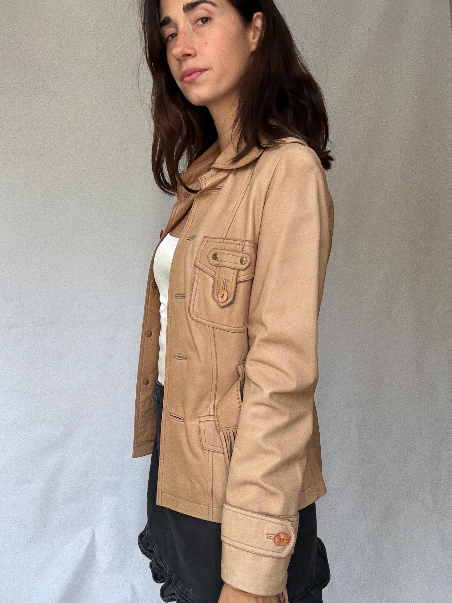 Cortefiel leather jacket S, genuine leather safari jacket, zebra lining fitted blazer, belted fringe tan jacket, western style coat