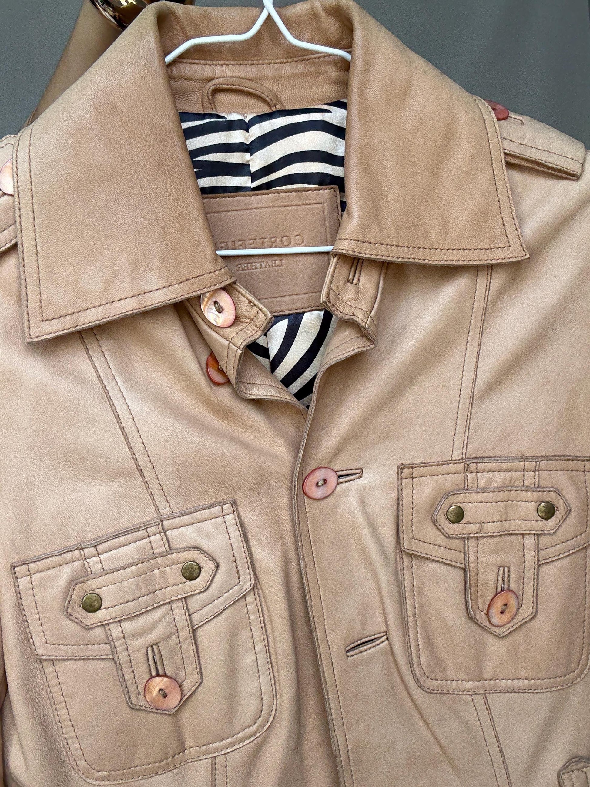 Cortefiel leather jacket S, genuine leather safari jacket, zebra lining fitted blazer, belted fringe tan jacket, western style coat