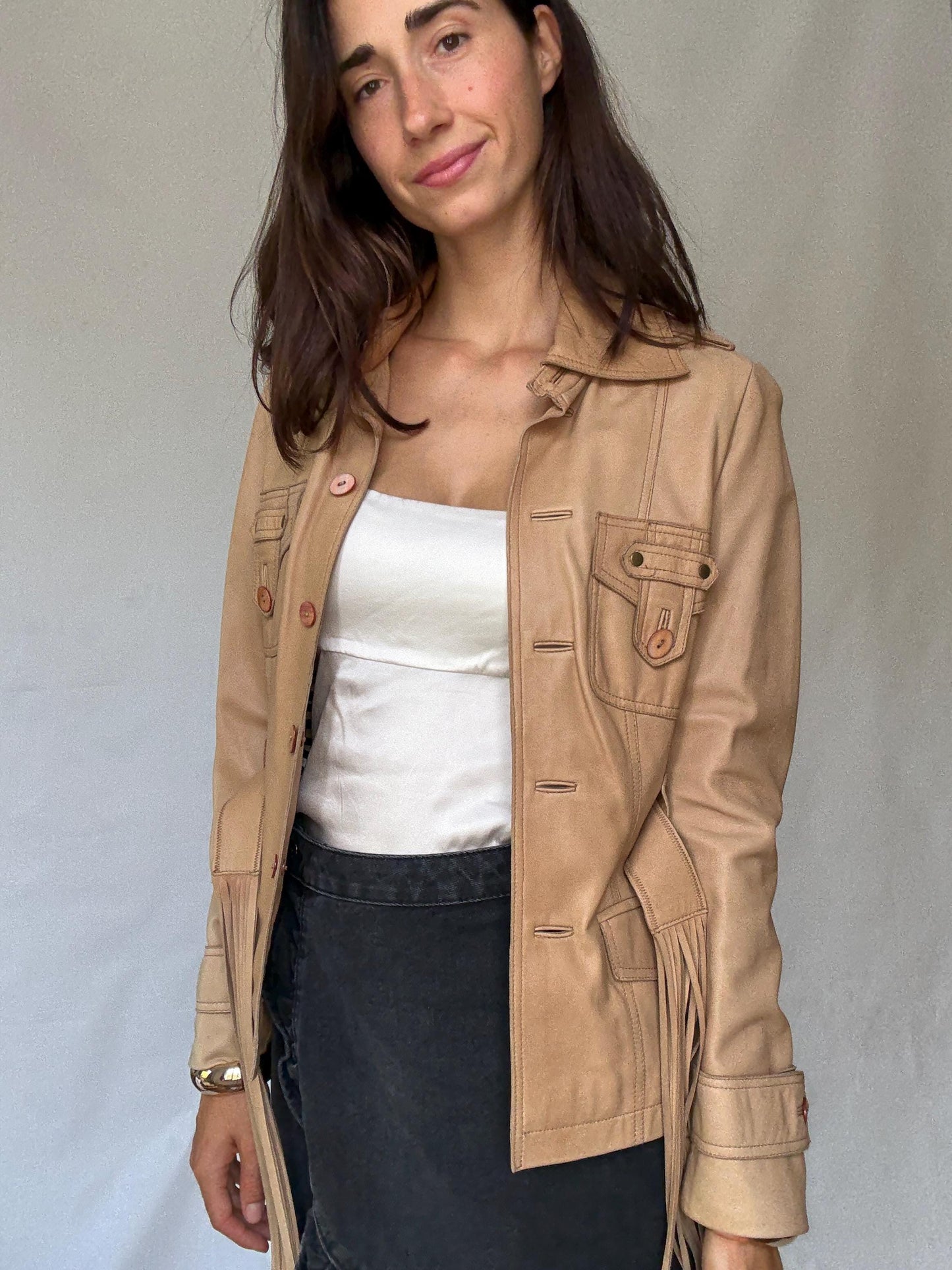 Cortefiel leather jacket S, genuine leather safari jacket, zebra lining fitted blazer, belted fringe tan jacket, western style coat