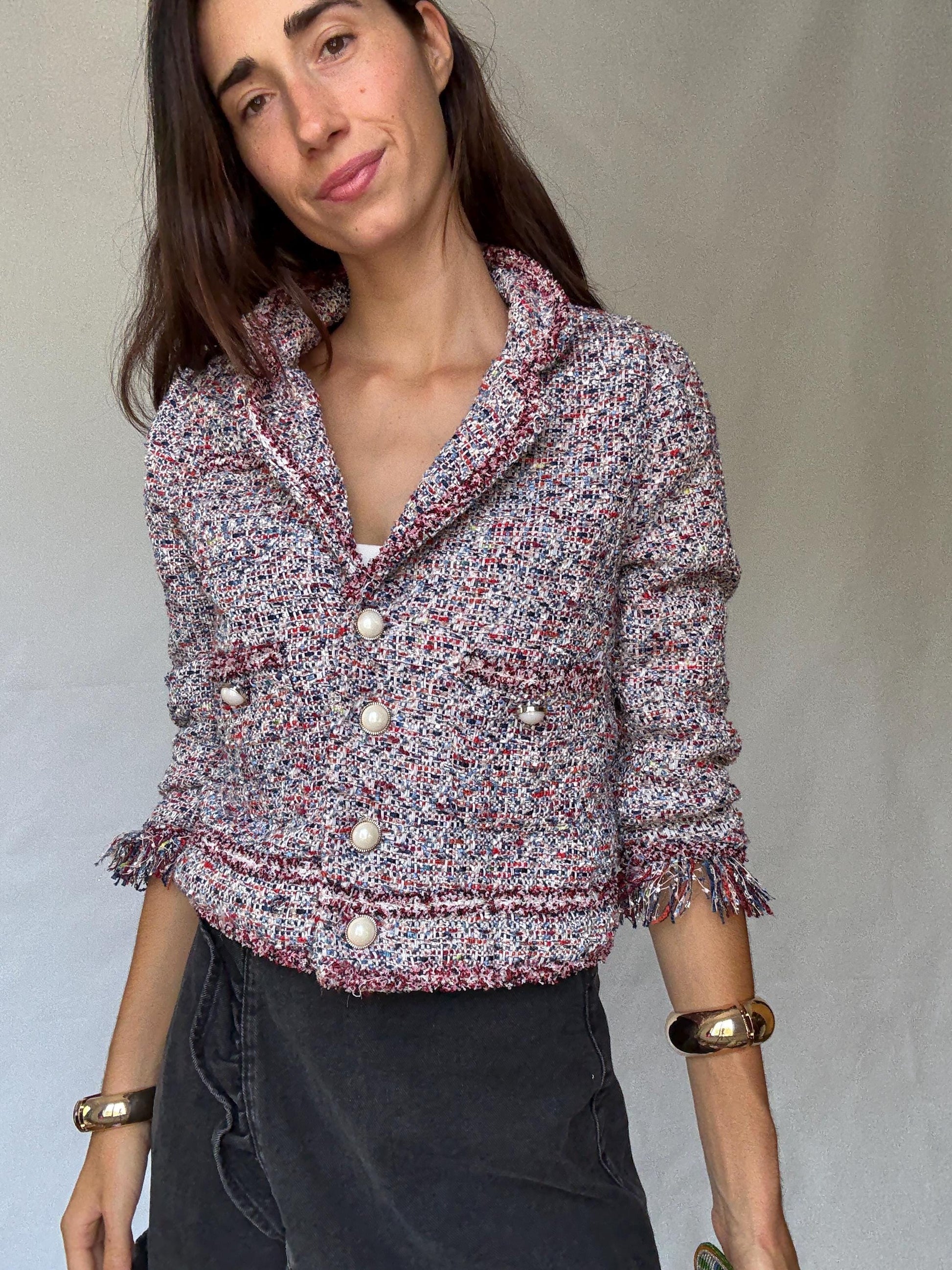 Multicolor tweed pearl button jacket, Size S | Parisian chic cropped blazer style, Jackie Kennedy aesthetic, preppy fashion