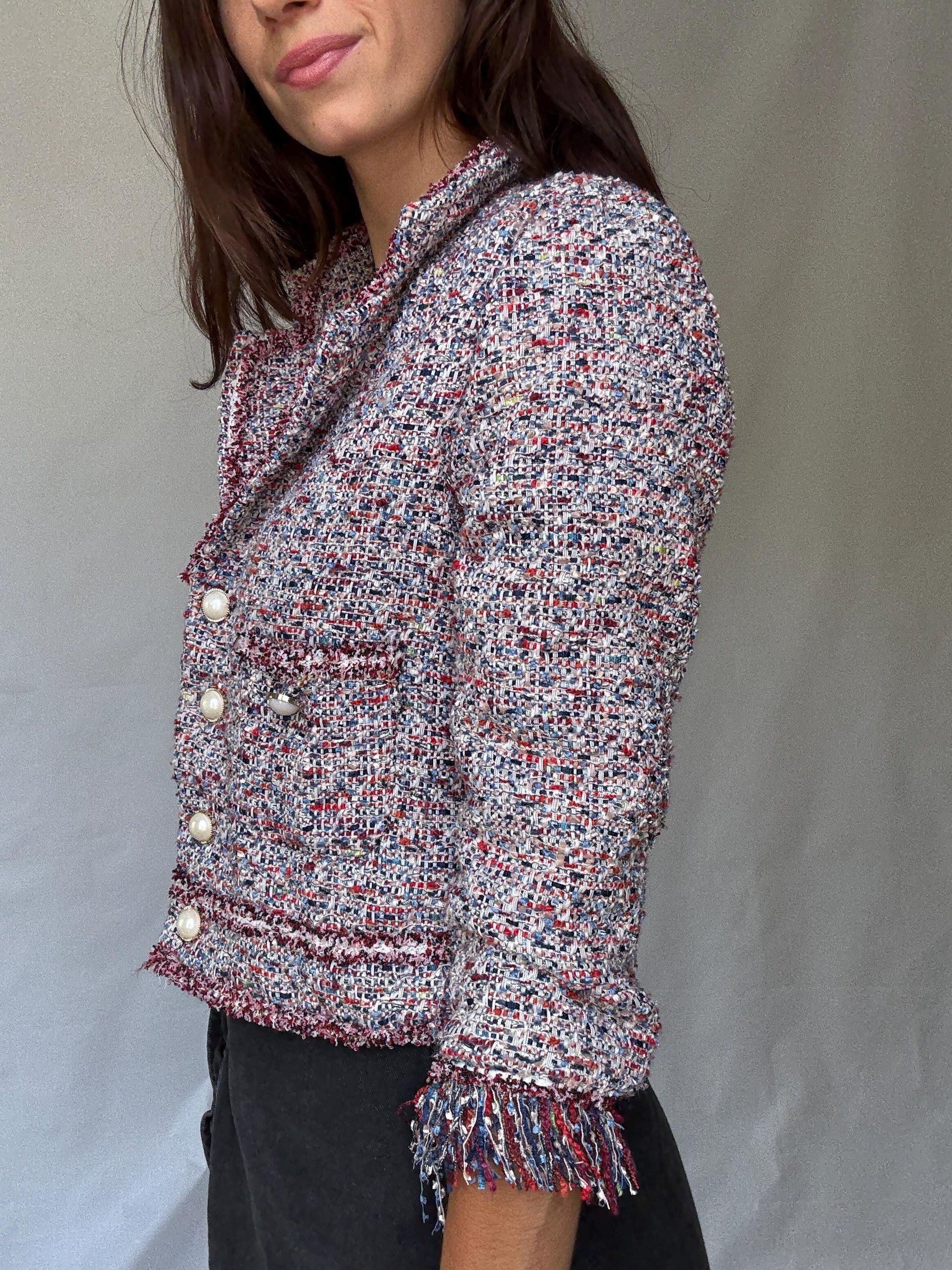 Multicolor tweed pearl button jacket, Size S | Parisian chic cropped blazer style, Jackie Kennedy aesthetic, preppy fashion