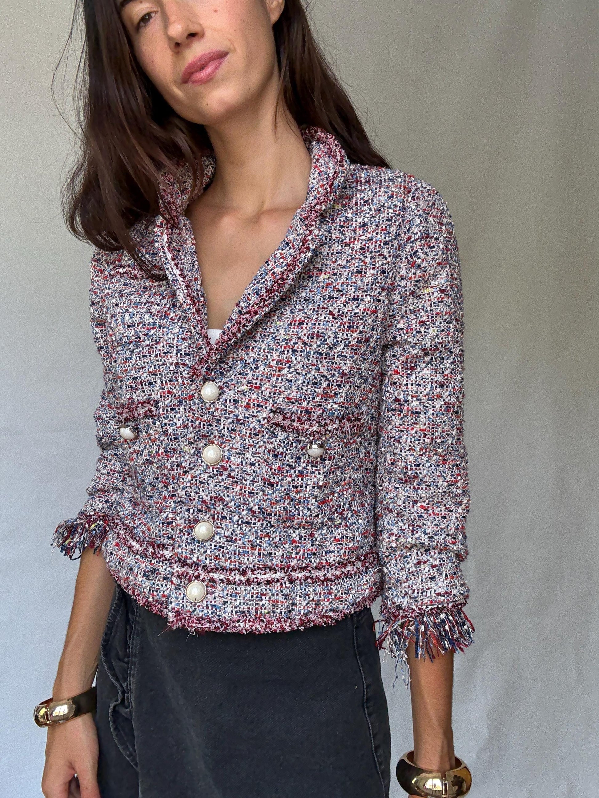 Multicolor tweed pearl button jacket, Size S | Parisian chic cropped blazer style, Jackie Kennedy aesthetic, preppy fashion