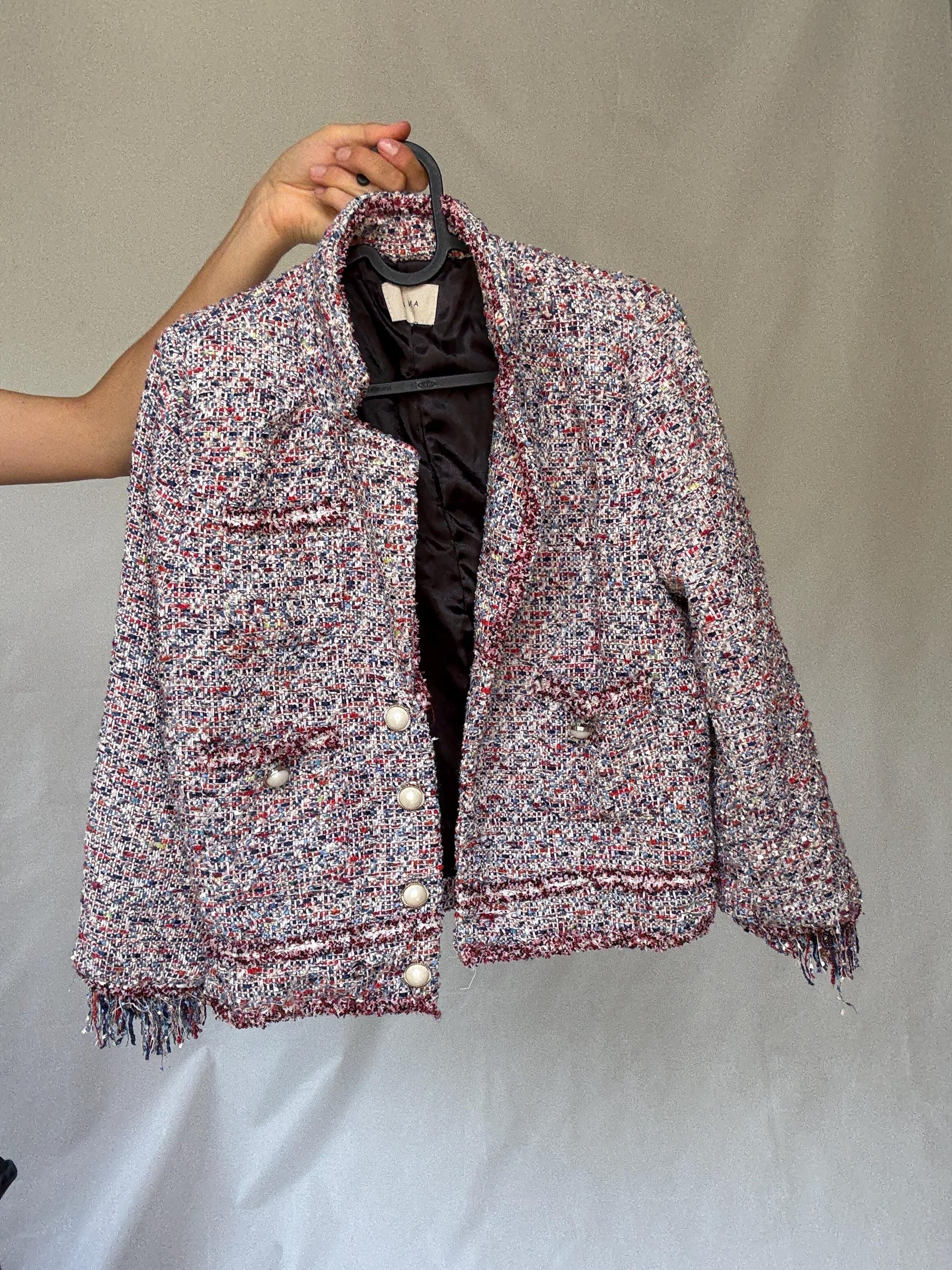 Multicolor tweed pearl button jacket, Size S | Parisian chic cropped blazer style, Jackie Kennedy aesthetic, preppy fashion