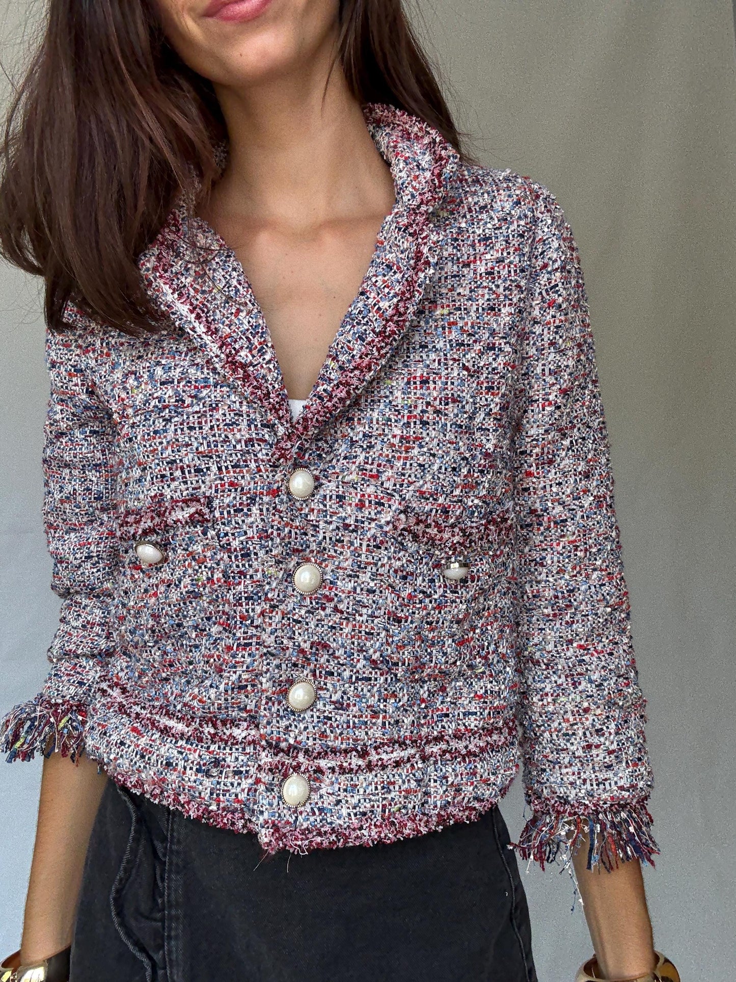 Multicolor tweed pearl button jacket, Size S | Parisian chic cropped blazer style, Jackie Kennedy aesthetic, preppy fashion