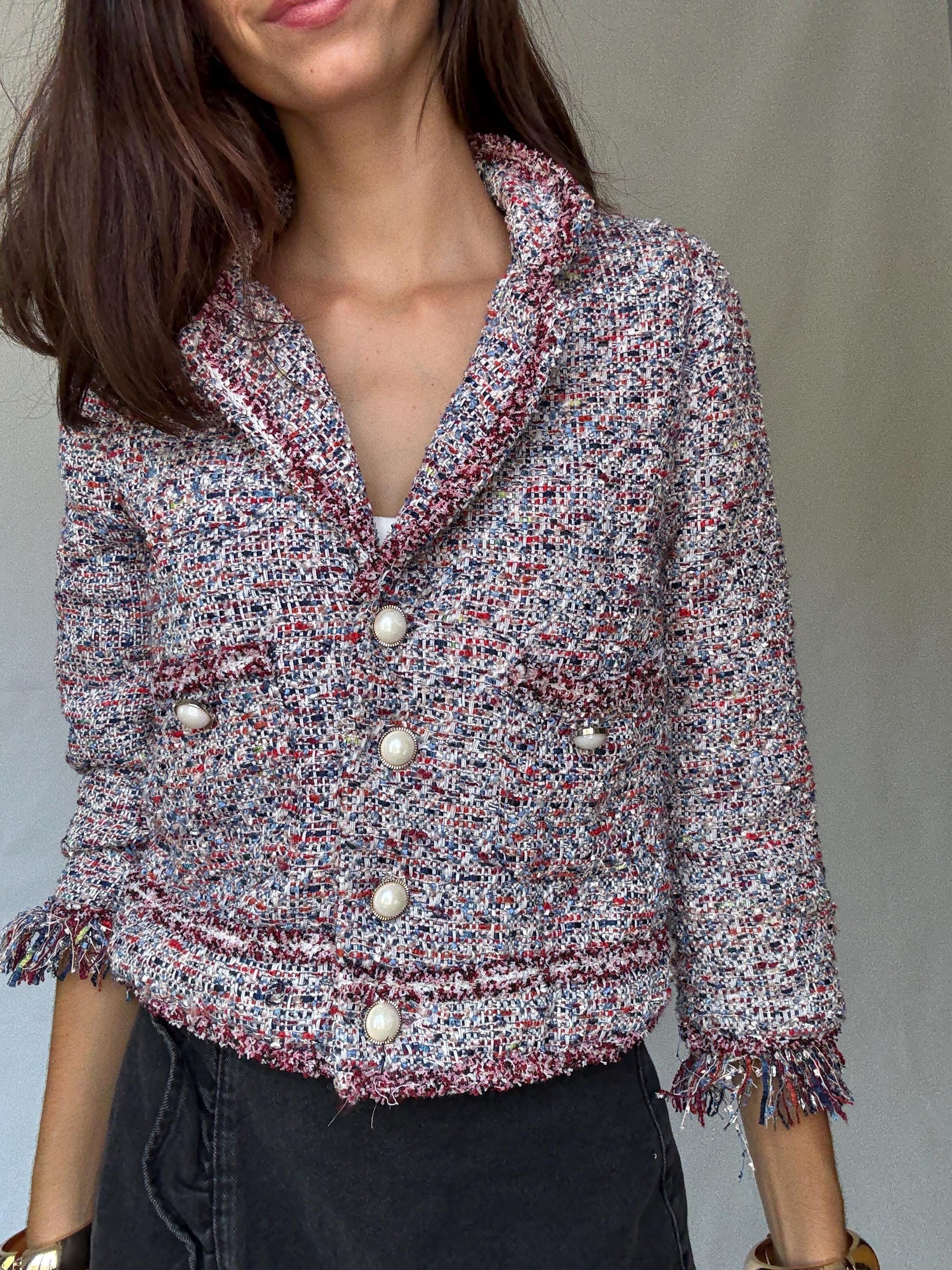 Multicolor tweed pearl button jacket, Size S | Parisian chic cropped blazer style, Jackie Kennedy aesthetic, preppy fashion