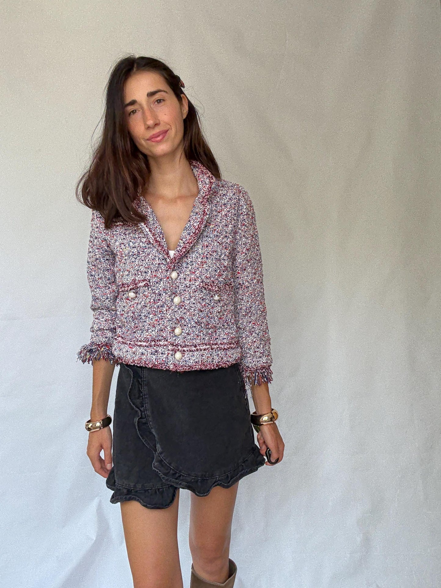 Multicolor tweed pearl button jacket, Size S | Parisian chic cropped blazer style, Jackie Kennedy aesthetic, preppy fashion