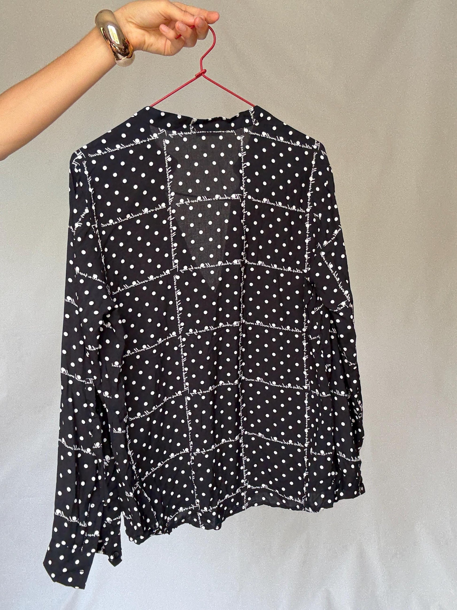 Black and white 100% modal blouse S with roll-up sleeves, preppy lightweight shirt, dot grid top, soft Benetton casual office style
