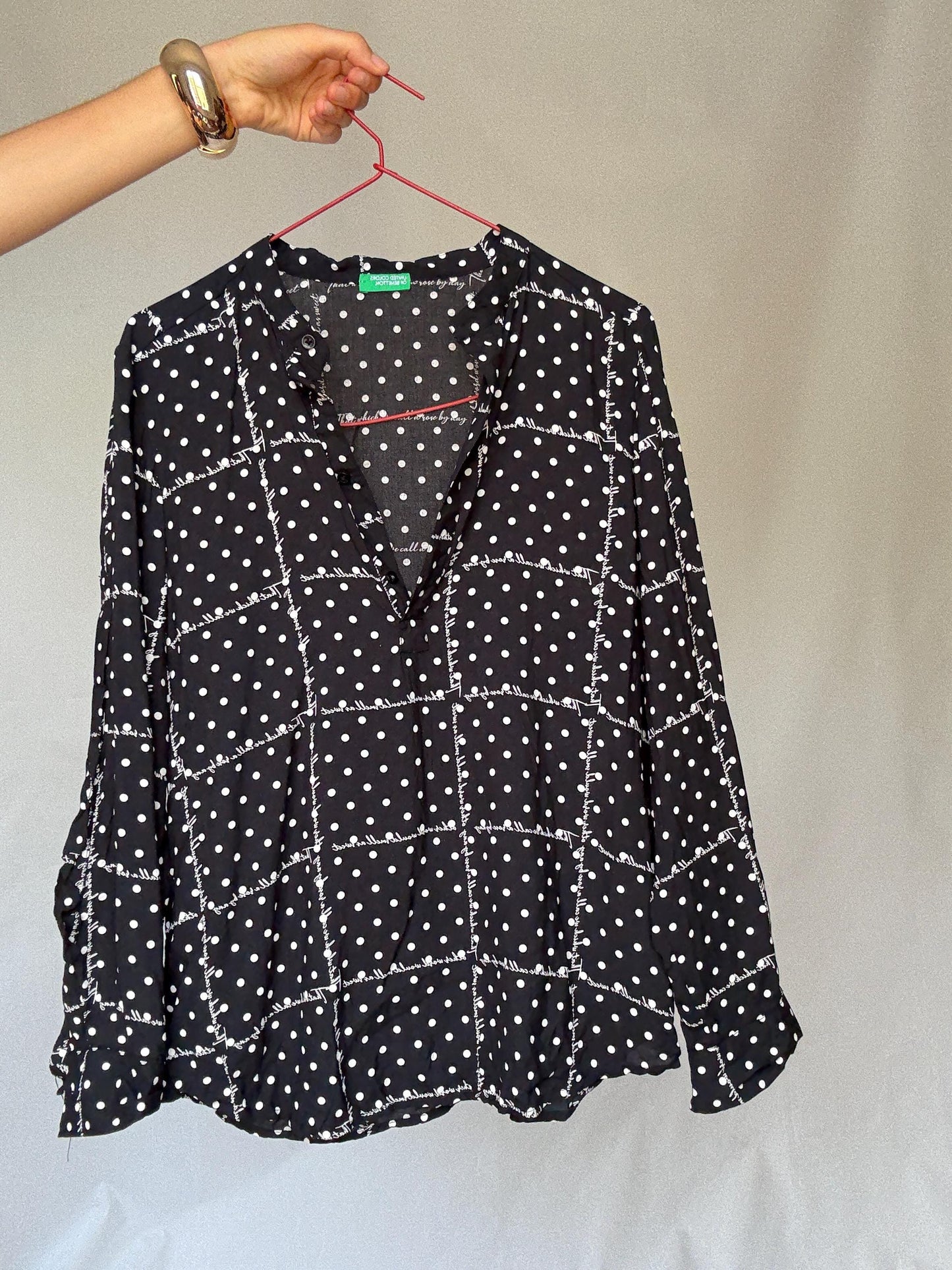 Black and white 100% modal blouse S with roll-up sleeves, preppy lightweight shirt, dot grid top, soft Benetton casual office style