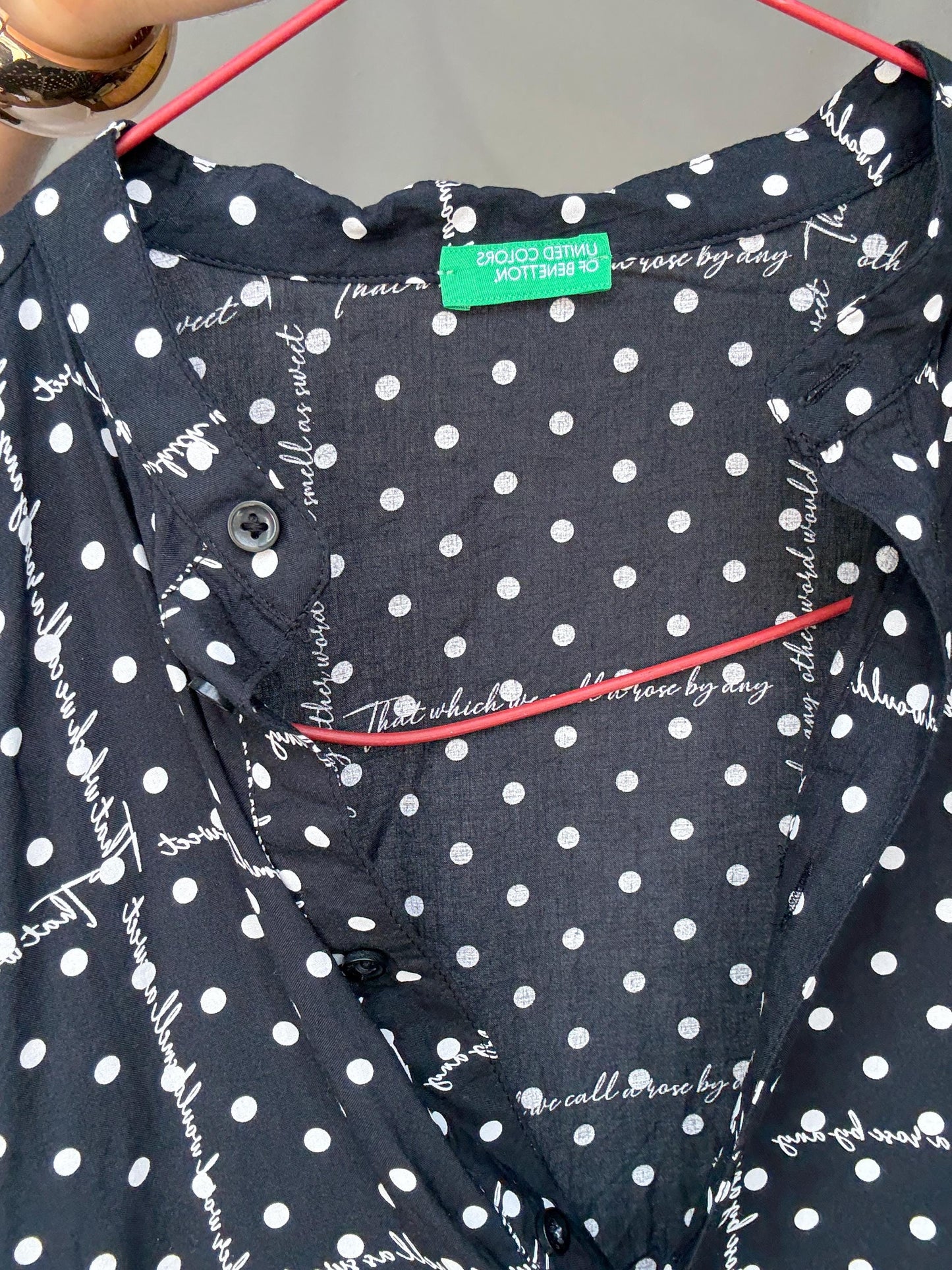 Black and white 100% modal blouse S with roll-up sleeves, preppy lightweight shirt, dot grid top, soft Benetton casual office style
