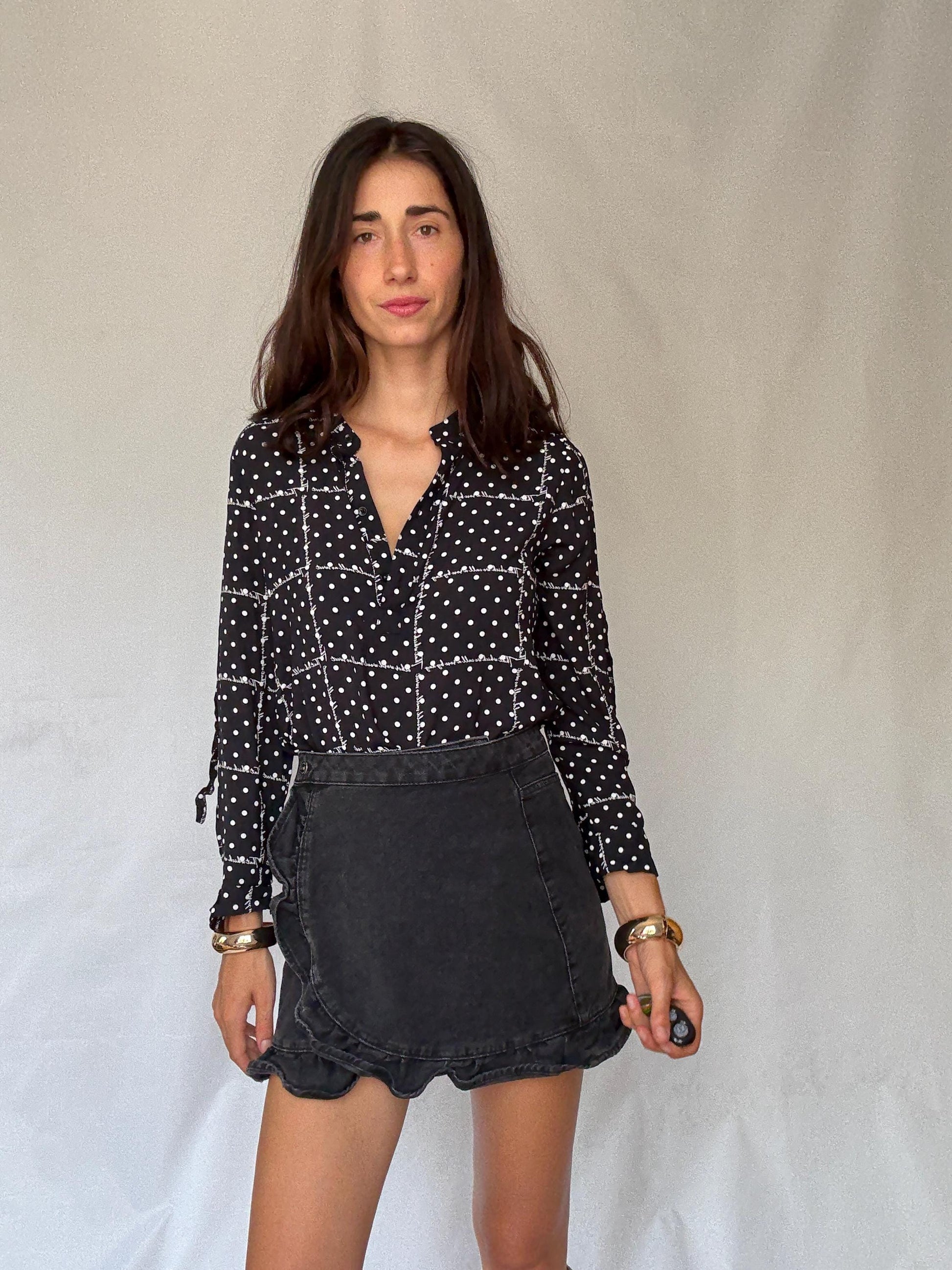 Black and white 100% modal blouse S with roll-up sleeves, preppy lightweight shirt, dot grid top, soft Benetton casual office style