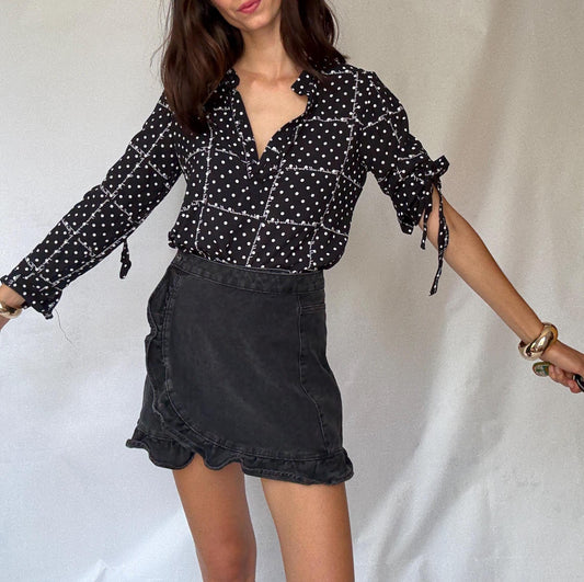 Black and white 100% modal blouse S with roll-up sleeves, preppy lightweight shirt, dot grid top, soft Benetton casual office style
