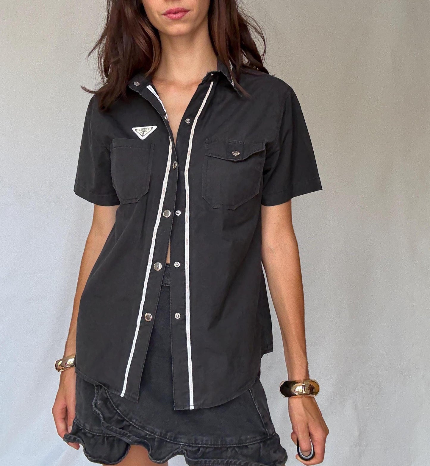 Vintage Prada black short sleeve shirt L | 100% cotton logo trim blouse, Y2K runway style, unisex streetwear luxury top
