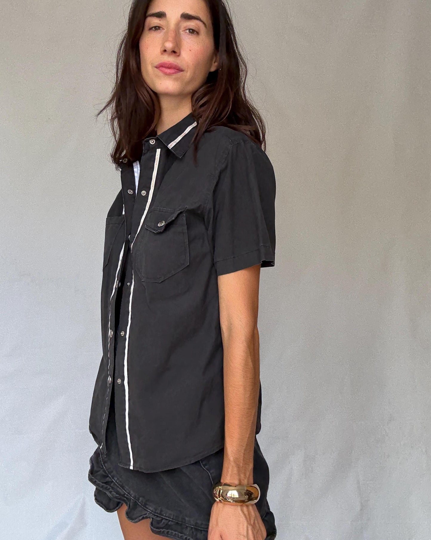 Vintage Prada black short sleeve shirt L | 100% cotton logo trim blouse, Y2K runway style, unisex streetwear luxury top