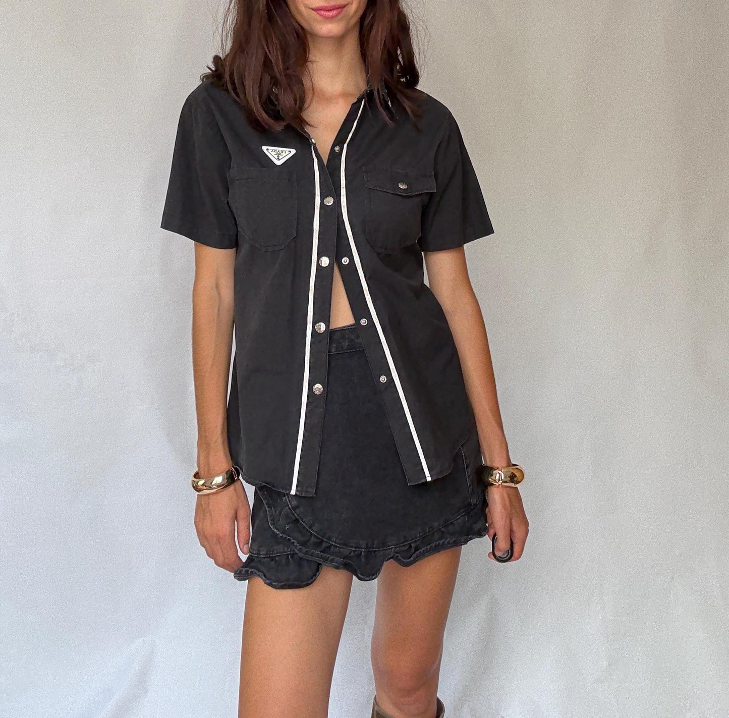Vintage Prada black short sleeve shirt L | 100% cotton logo trim blouse, Y2K runway style, unisex streetwear luxury top