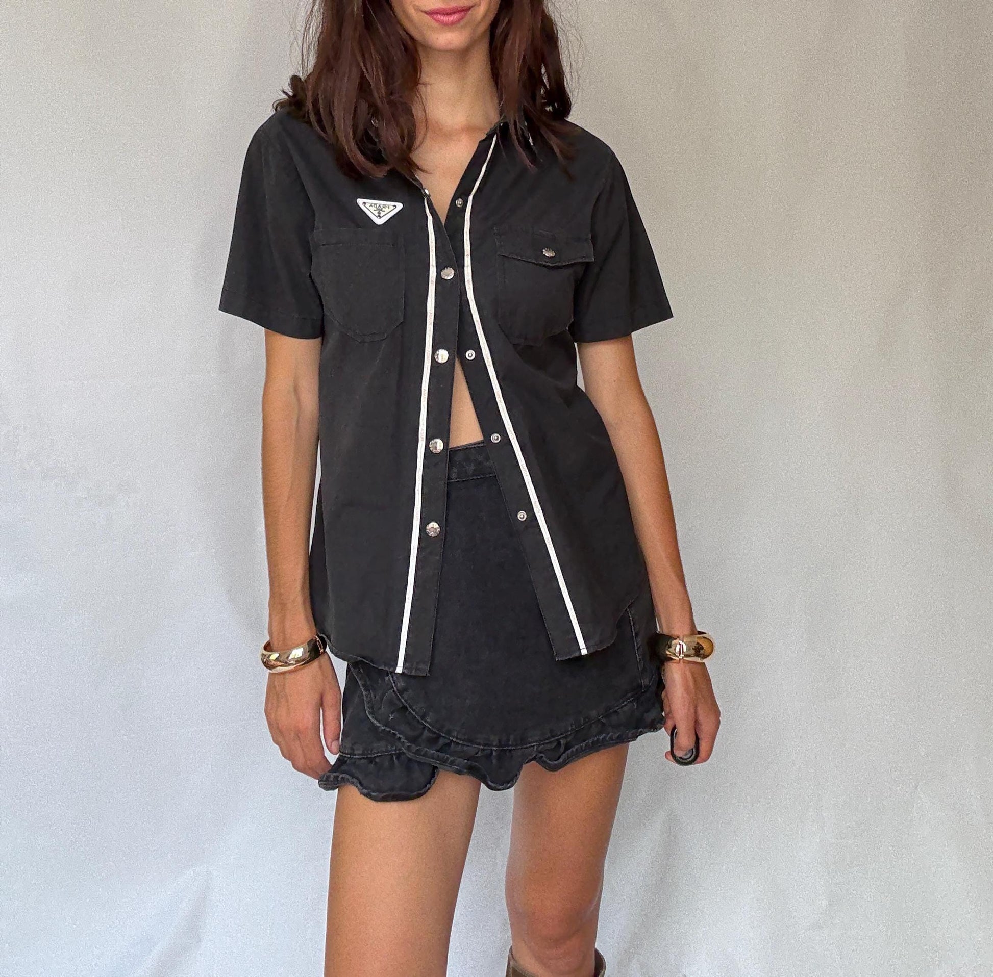 Vintage Prada black short sleeve shirt L | 100% cotton logo trim blouse, Y2K runway style, unisex streetwear luxury top