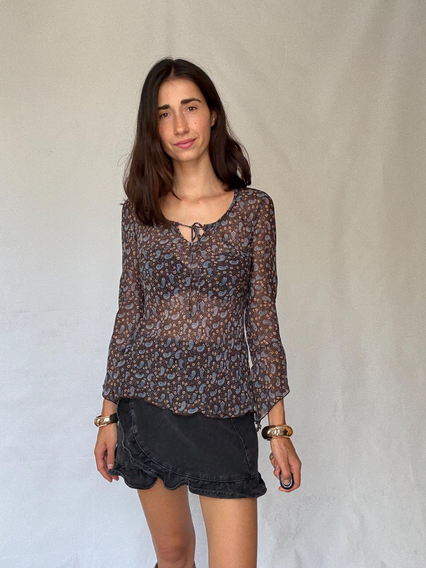 Sheer brown paisley floral blouse | 100% viscose long sleeve tie front top, 90s boho indie style, Made in Spain romantic shirt