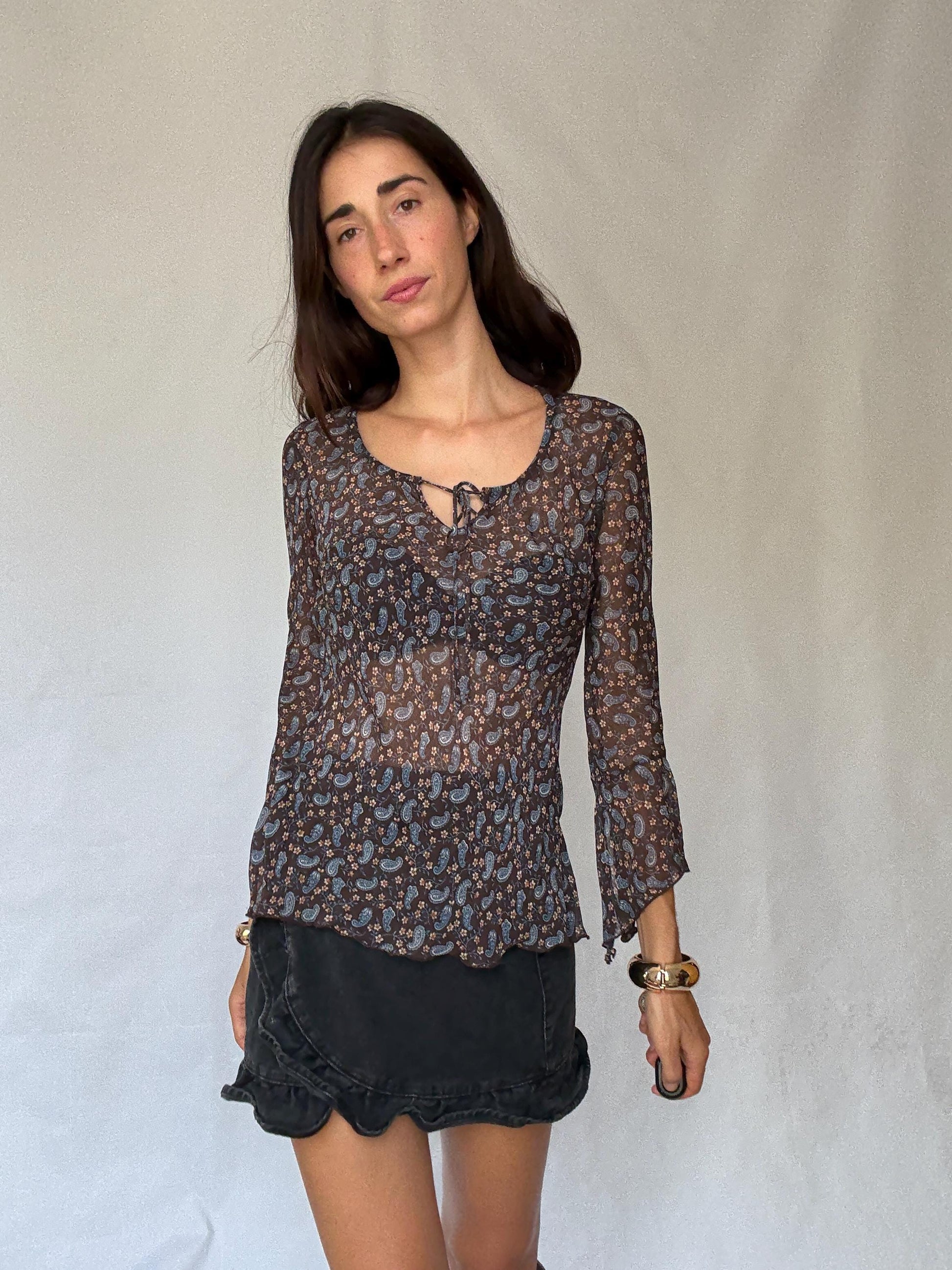 Sheer brown paisley floral blouse | 100% viscose long sleeve tie front top, 90s boho indie style, Made in Spain romantic shirt