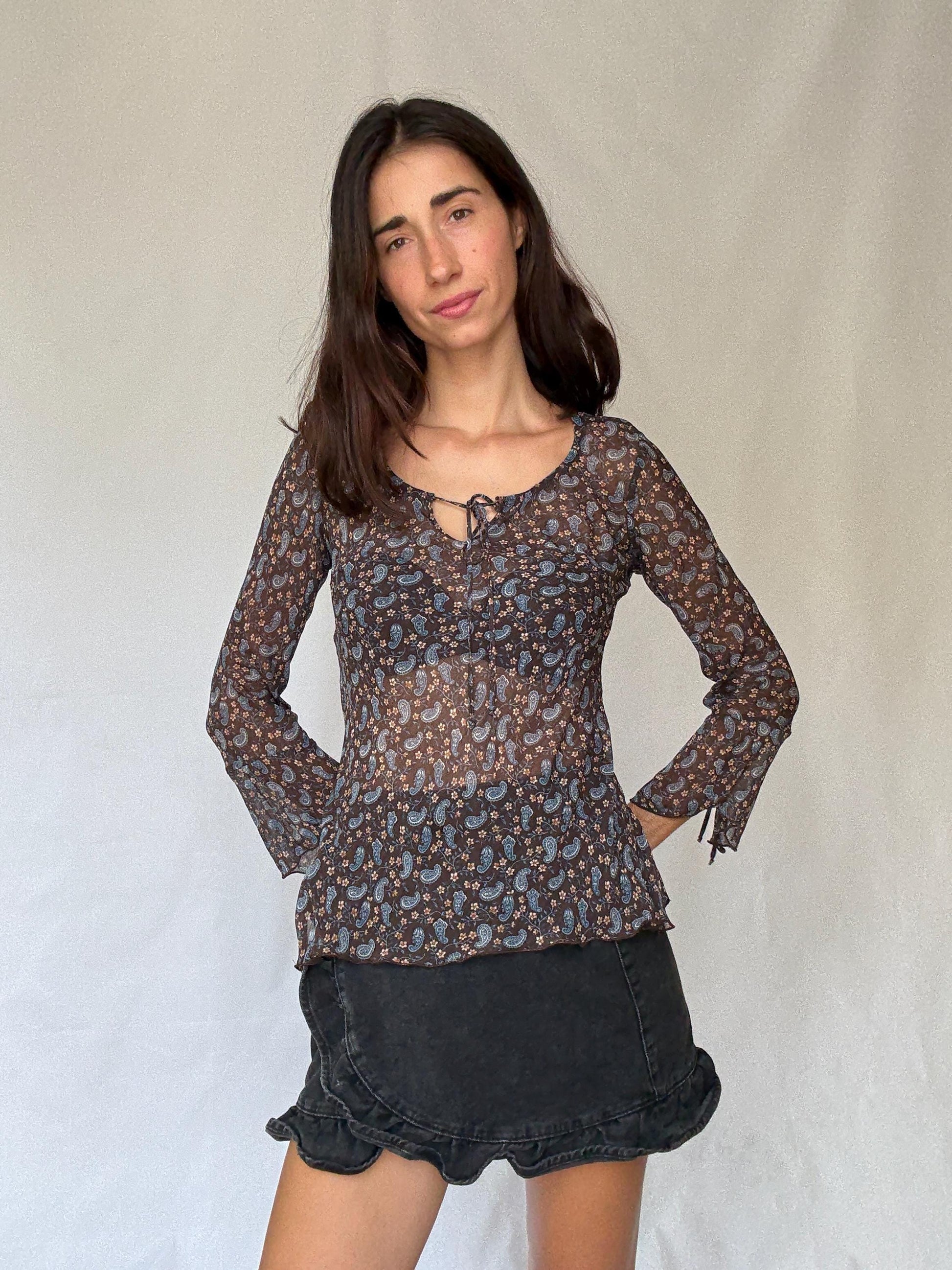 Sheer brown paisley floral blouse | 100% viscose long sleeve tie front top, 90s boho indie style, Made in Spain romantic shirt