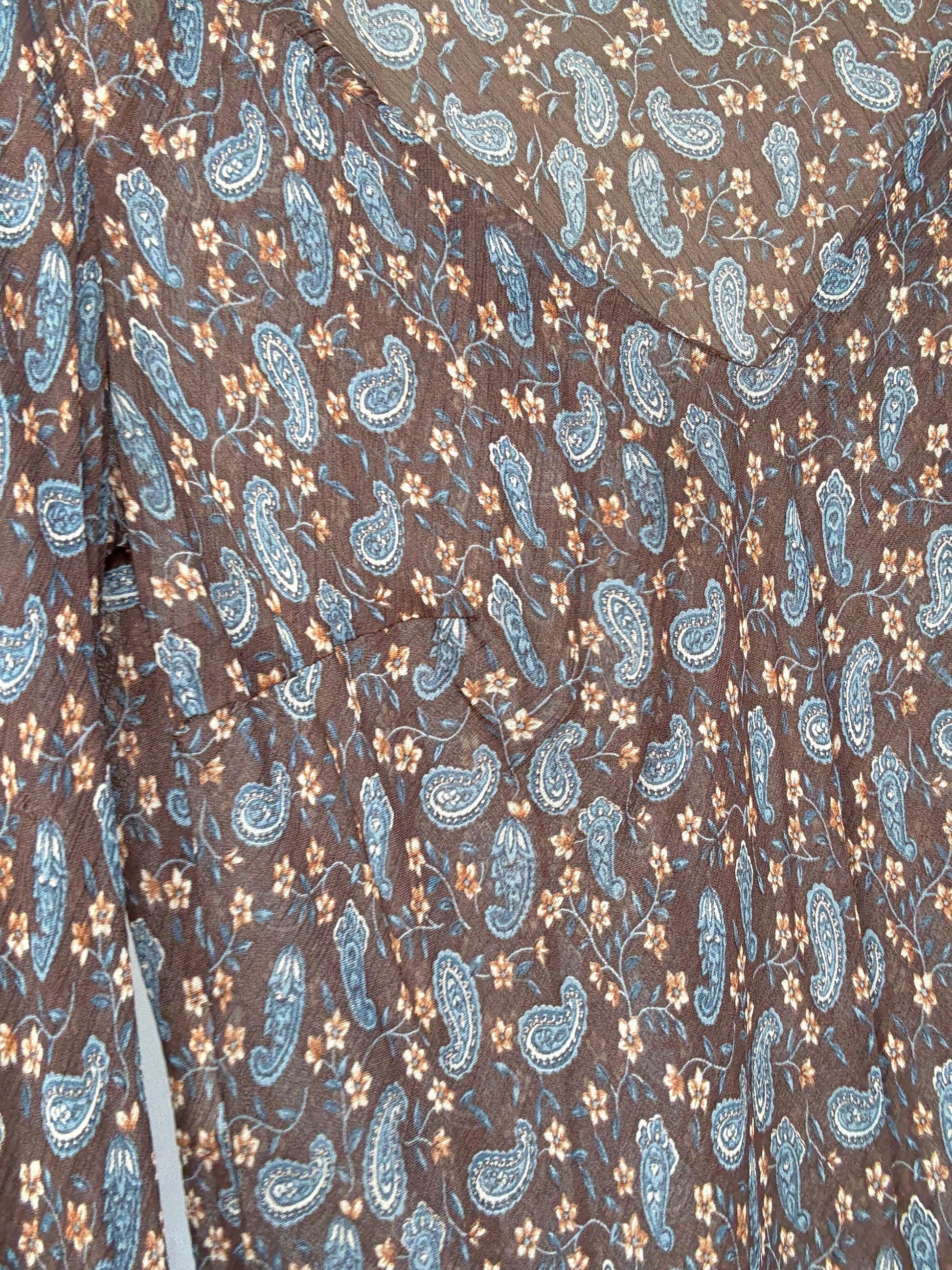 Sheer brown paisley floral blouse | 100% viscose long sleeve tie front top, 90s boho indie style, Made in Spain romantic shirt