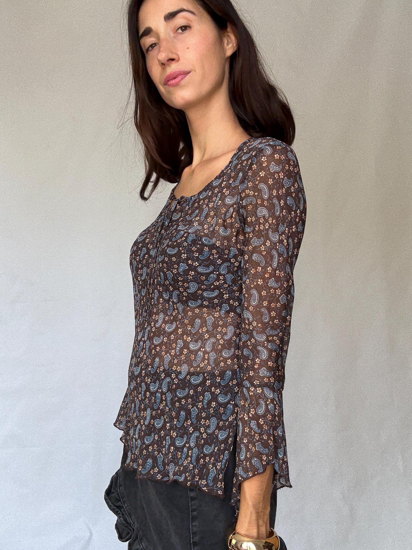 Sheer brown paisley floral blouse | 100% viscose long sleeve tie front top, 90s boho indie style, Made in Spain romantic shirt