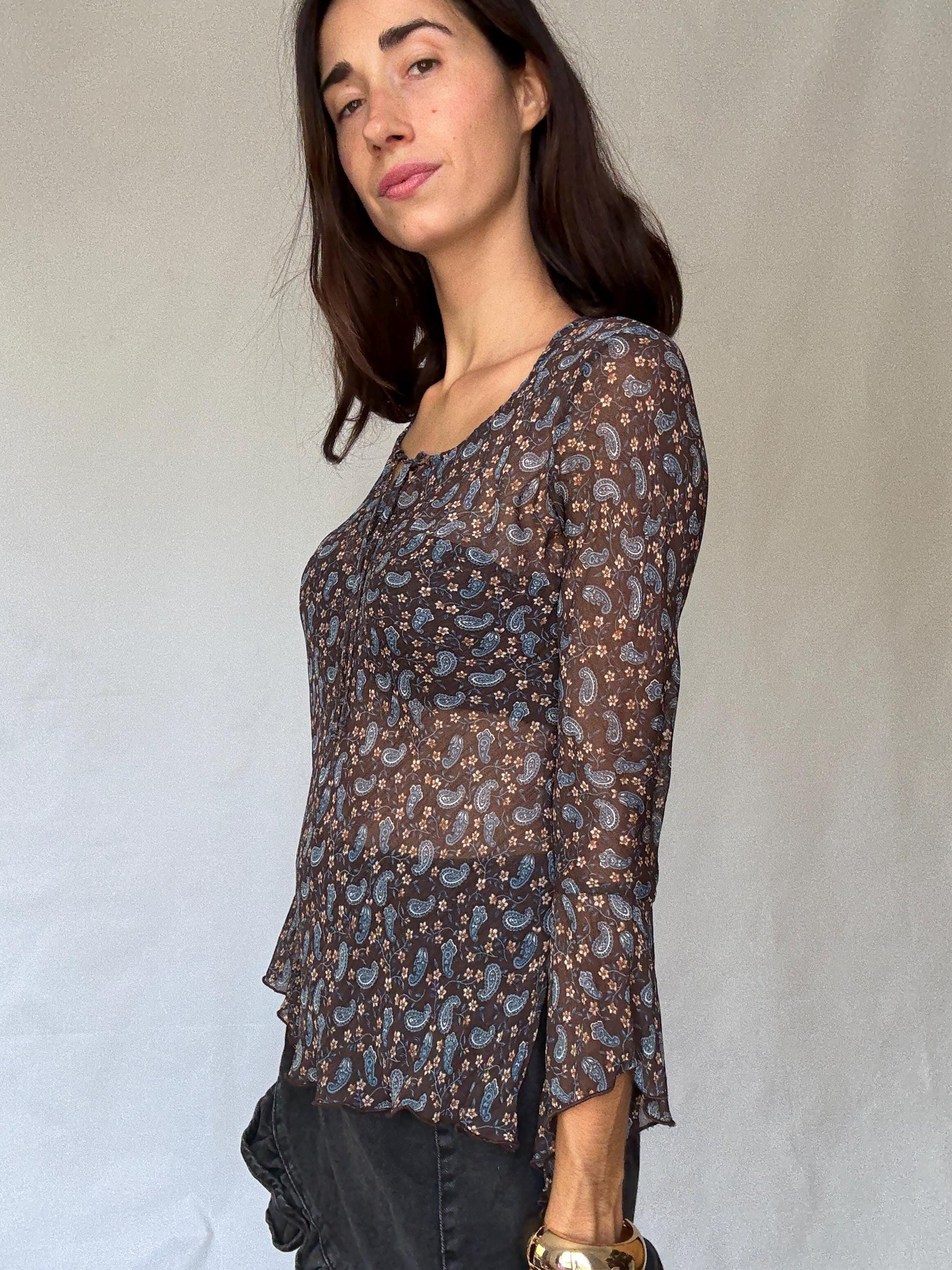 Sheer brown paisley floral blouse | 100% viscose long sleeve tie front top, 90s boho indie style, Made in Spain romantic shirt