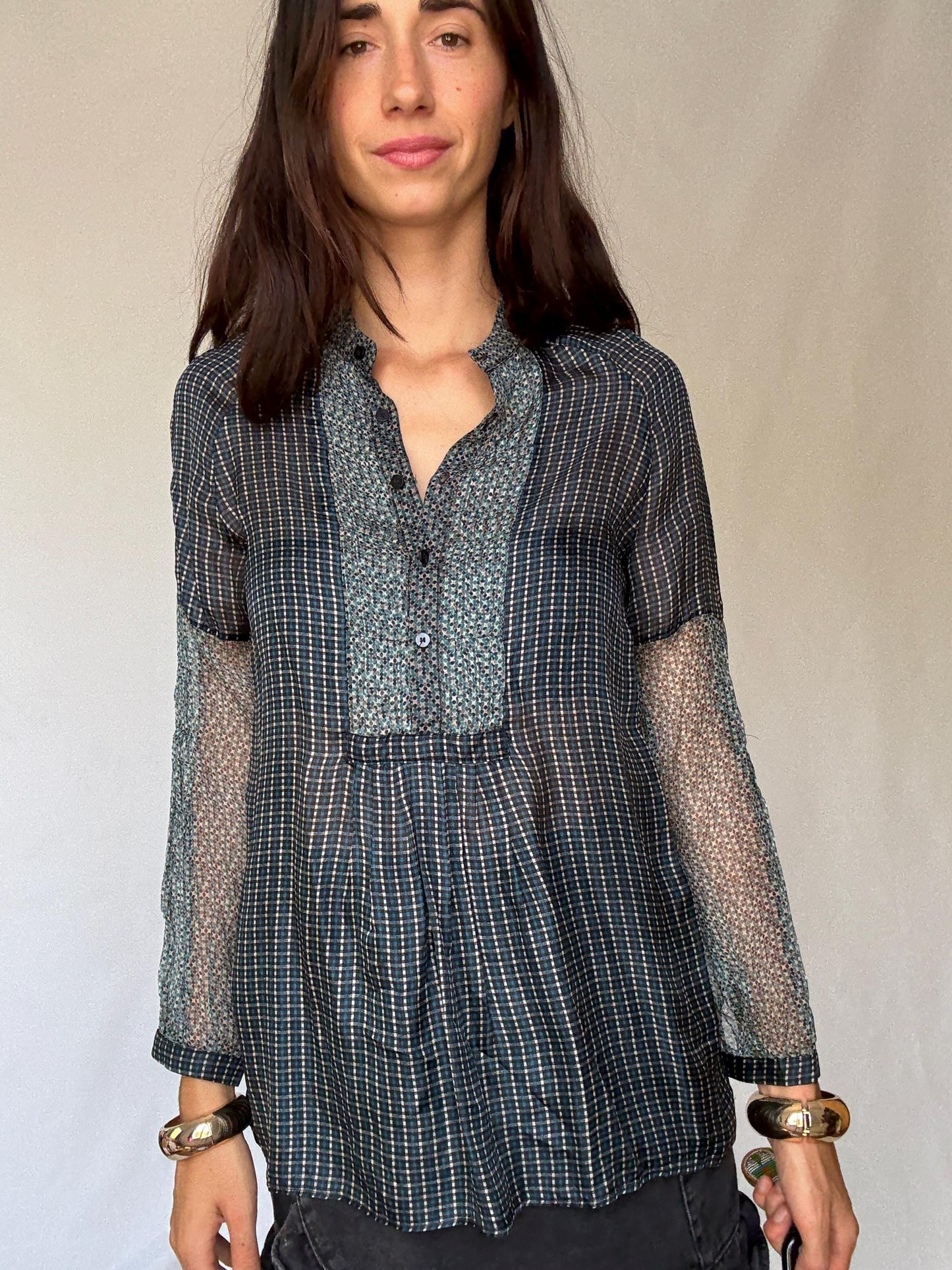 Sheer silk blouse with mixed floral and check pattern – See through luxury long sleeve airy shirt, Size M-L