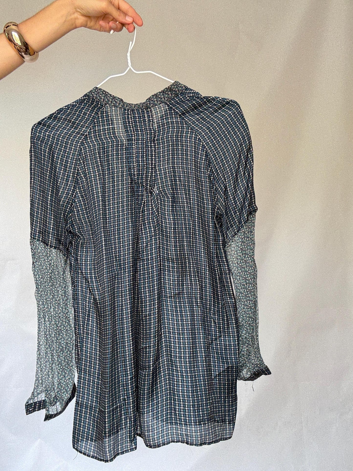 Sheer silk blouse with mixed floral and check pattern – See through luxury long sleeve airy shirt, Size M-L