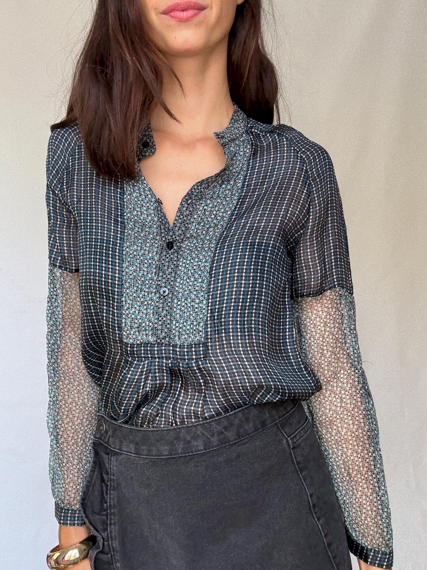 Sheer silk blouse with mixed floral and check pattern – See through luxury long sleeve airy shirt, Size M-L