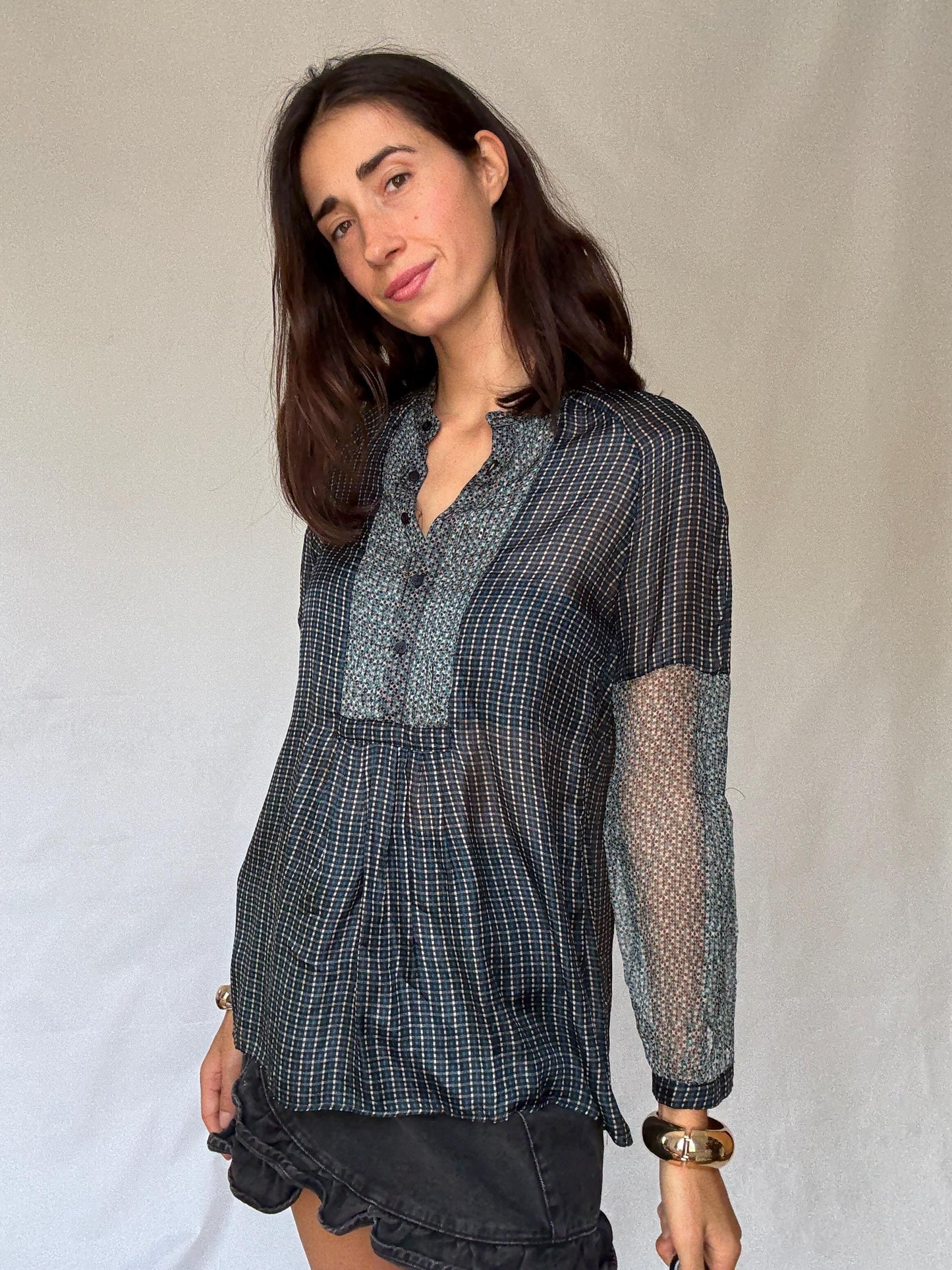 Sheer silk blouse with mixed floral and check pattern – See through luxury long sleeve airy shirt, Size M-L