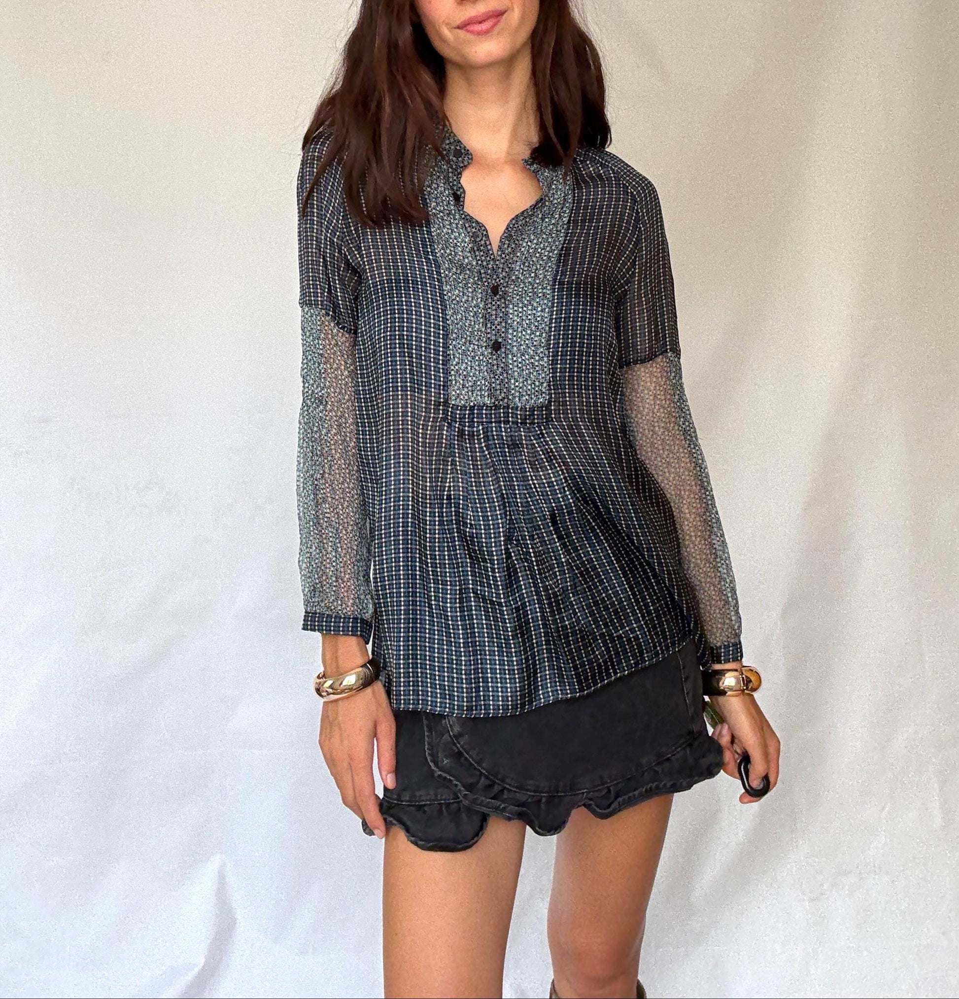 Sheer silk blouse with mixed floral and check pattern – See through luxury long sleeve airy shirt, Size M-L