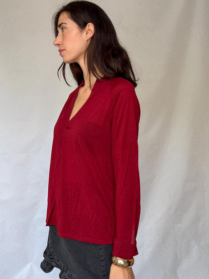 Deep Red Wool Long Sleeve Jumper — fabric close-up