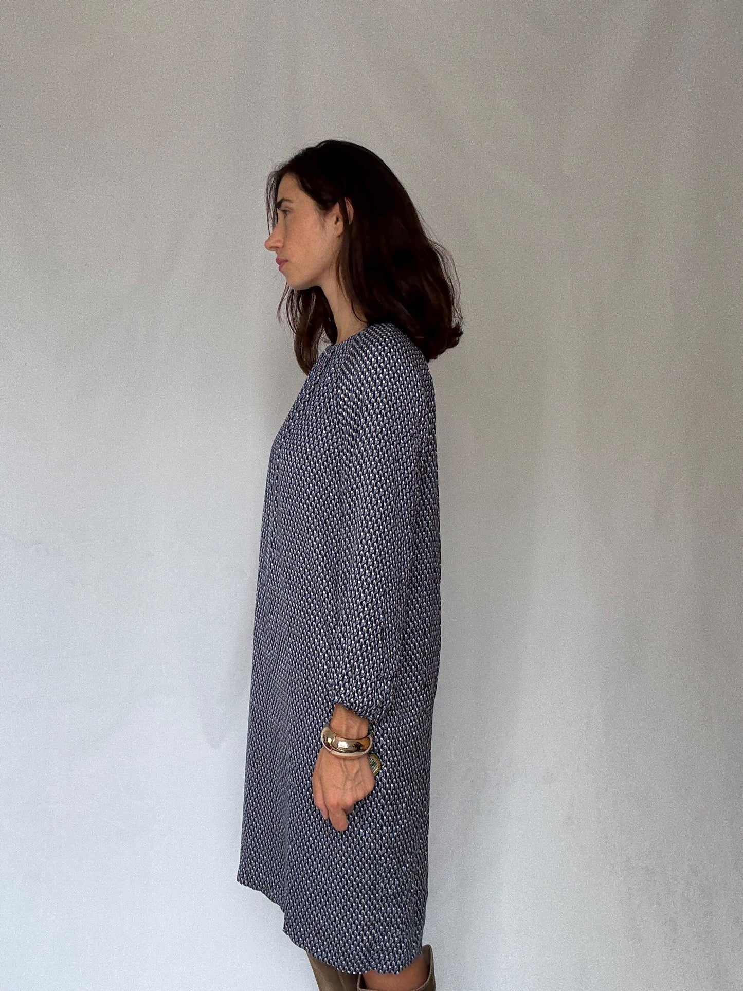 Purificación García geometric print midi dress – navy, cream, gold, size 44, SIZE L - XL