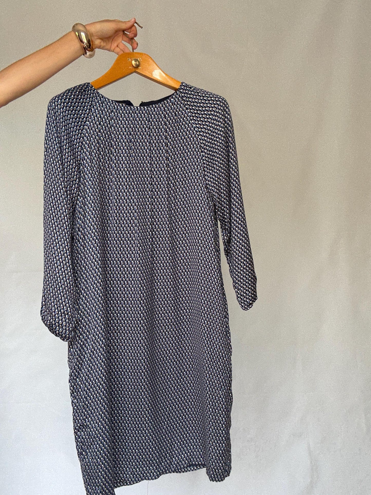 Purificación García geometric print midi dress – navy, cream, gold, size 44, SIZE L - XL