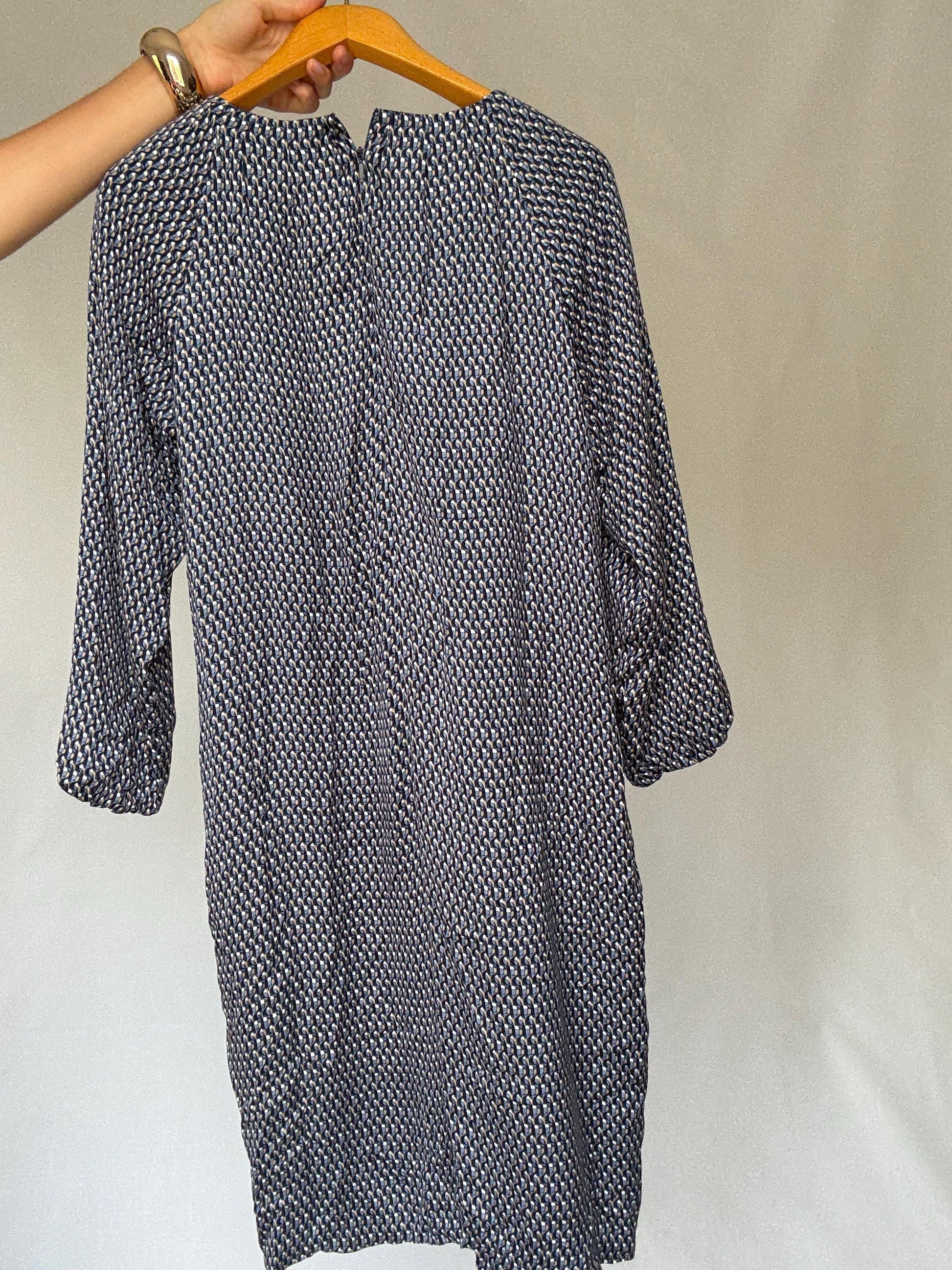 Purificación García geometric print midi dress – navy, cream, gold, size 44, SIZE L - XL