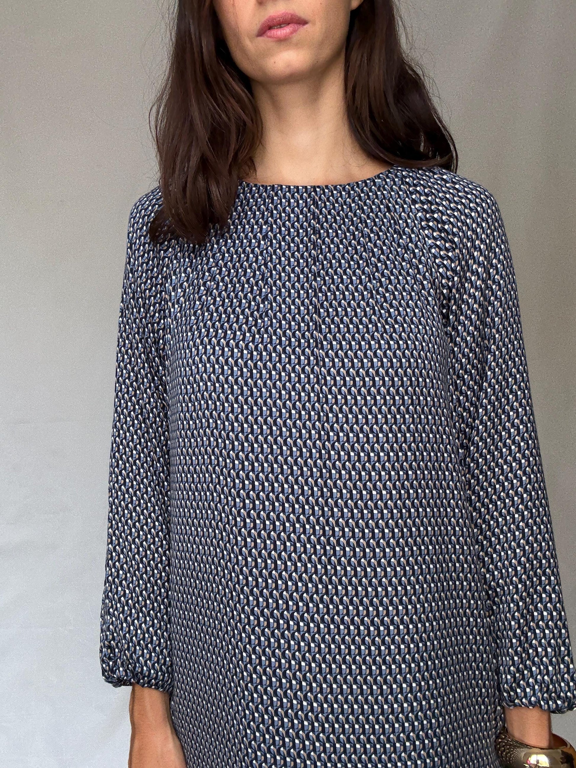 Purificación García geometric print midi dress – navy, cream, gold, size 44, SIZE L - XL