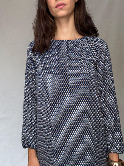 Purificación García geometric print midi dress – navy, cream, gold, size 44, SIZE L - XL