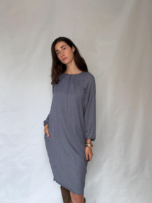 Purificación García geometric print midi dress – navy, cream, gold, size 44, SIZE L - XL