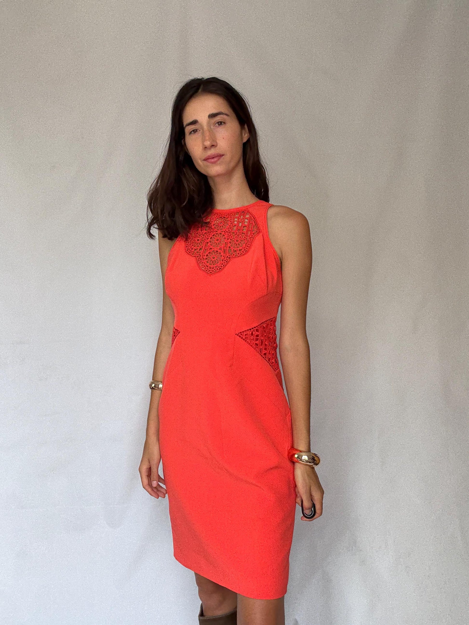 Karen Millen coral lace panel bodycon, Size US8 EU40, elegant sleeveless cocktail outfit, Luxury designer clothing, feminine pencil dress